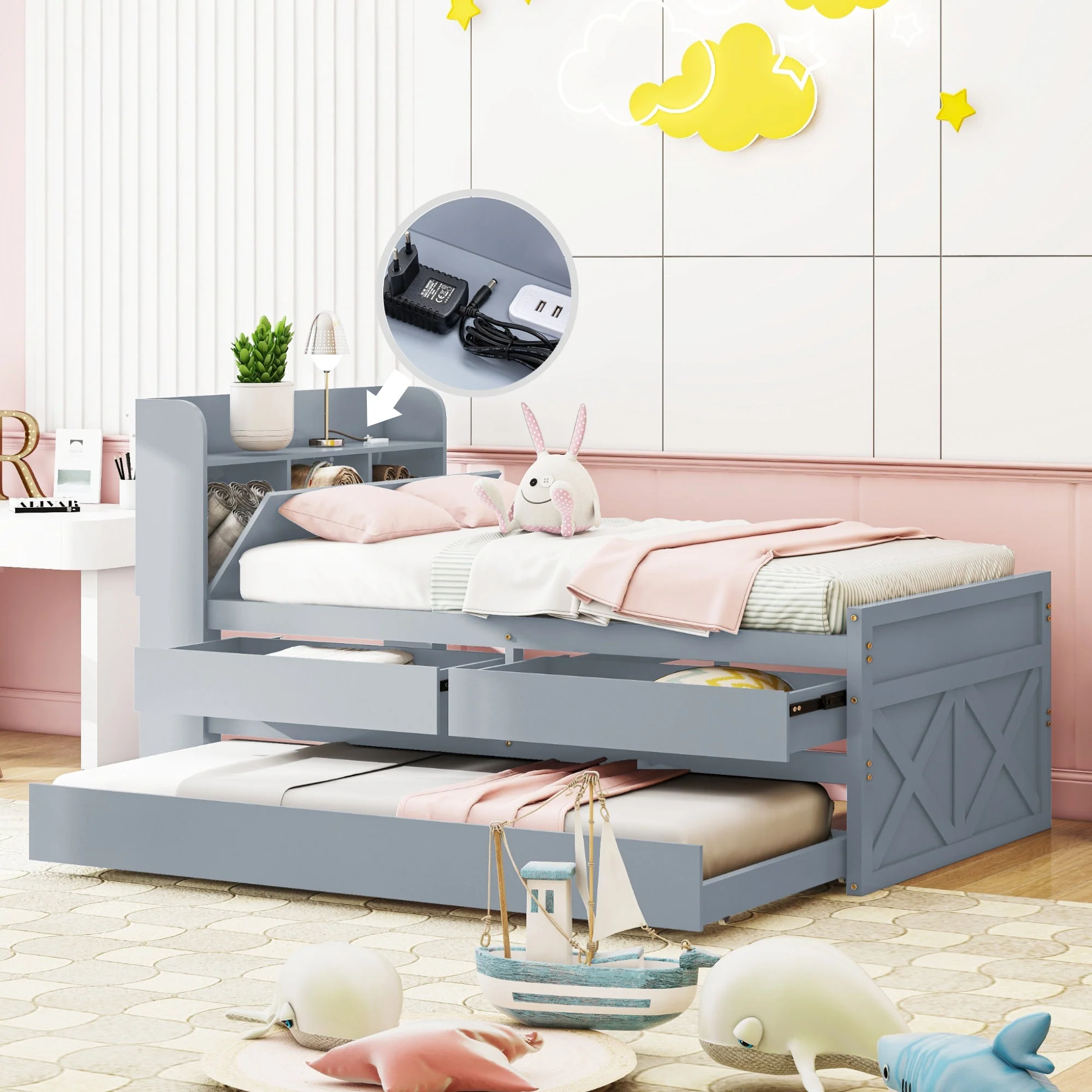 Single Bed, 90x190 Multifunctional with Drawer & USB, Gray Pine - Image 4