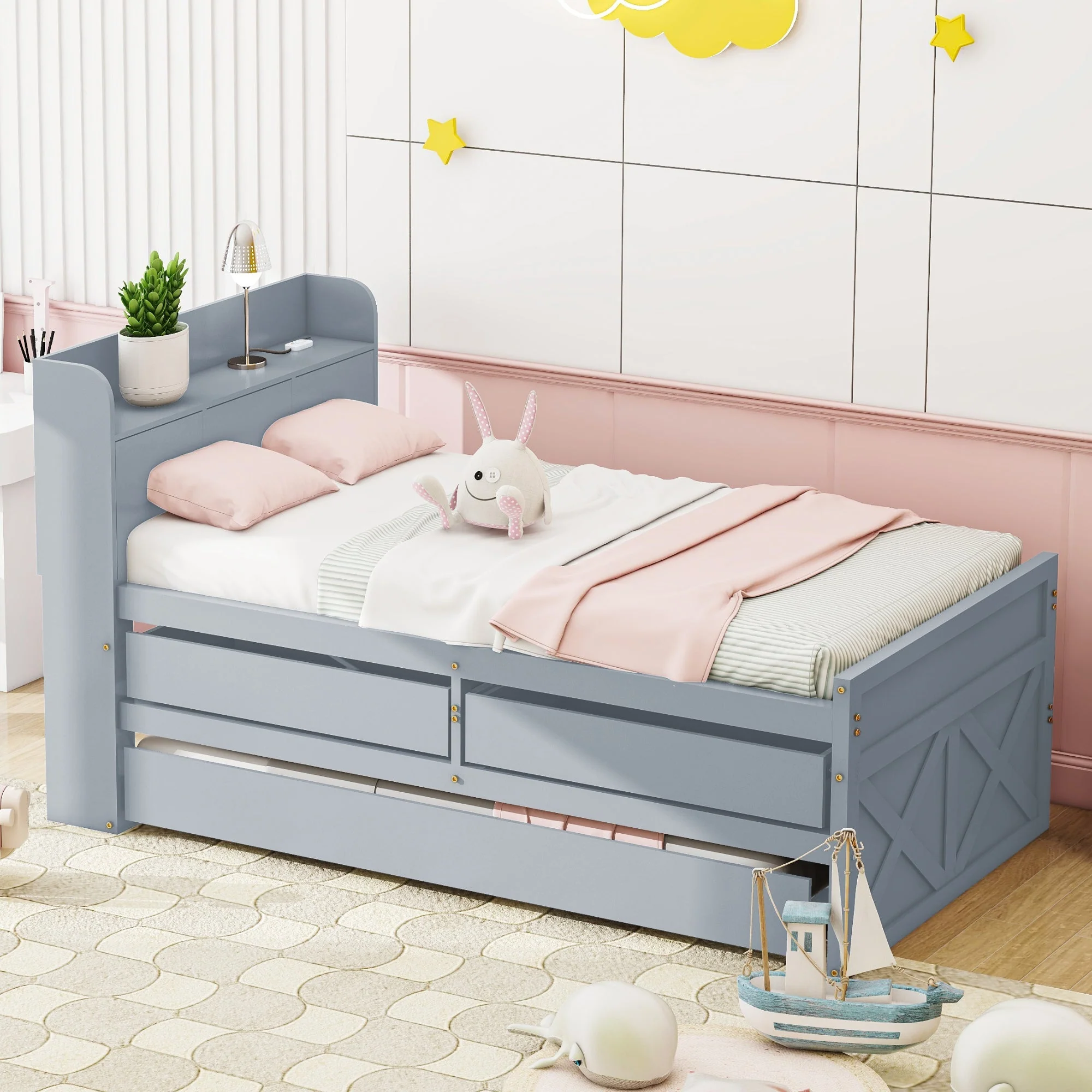 Single Bed, 90x190 Multifunctional with Drawer & USB, Gray Pine - Image 5