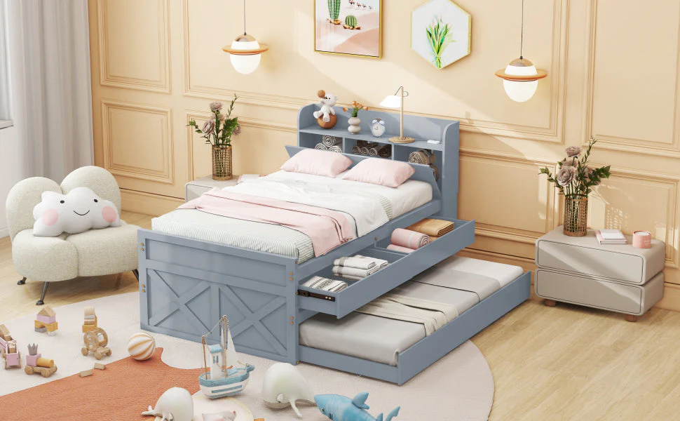 Single Bed, 90x190 Multifunctional with Drawer & USB, Gray Pine - Image 7