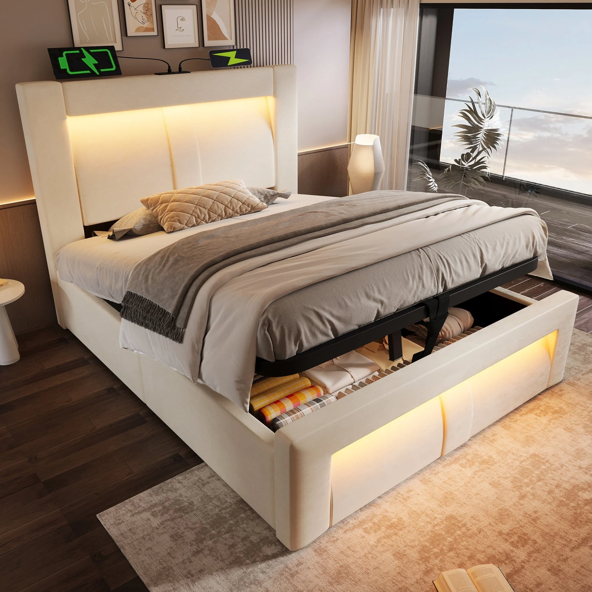 Single Bed 90x200 cm with Hydraulic Storage, LED Lighting, USB Ports and Mattress, Beige Velvet - Image 10