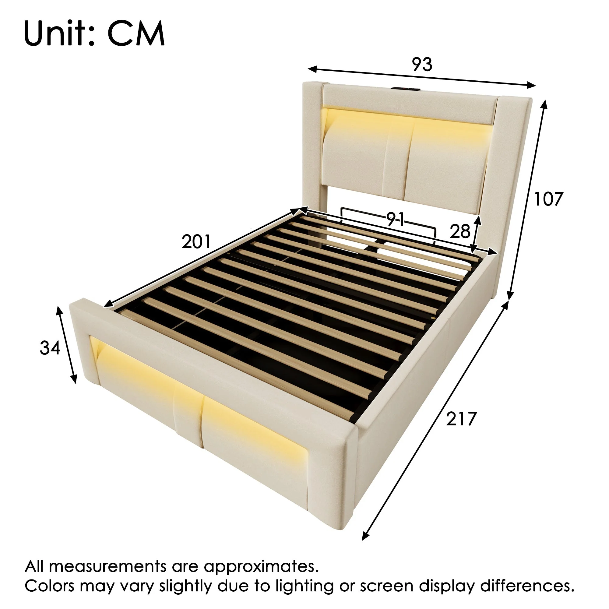 Single Bed 90x200 cm with Hydraulic Storage, LED Lighting, USB Ports and Mattress, Beige Velvet - Image 2
