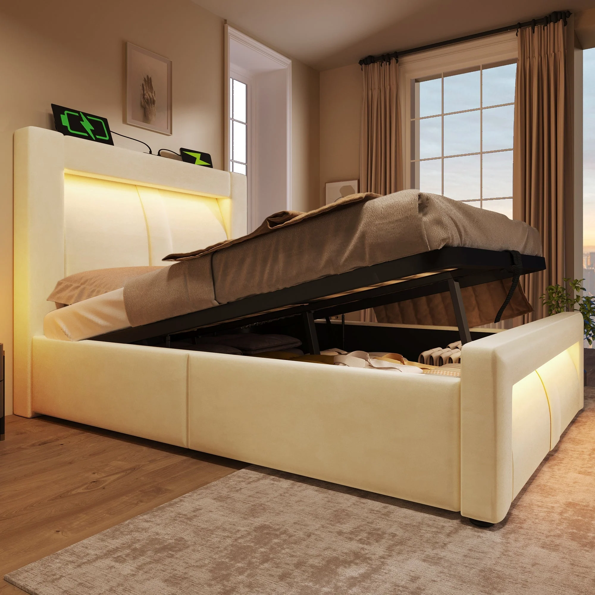 Single Bed 90x200 cm with Hydraulic Storage, LED Lighting, USB Ports and Mattress, Beige Velvet - Image 8