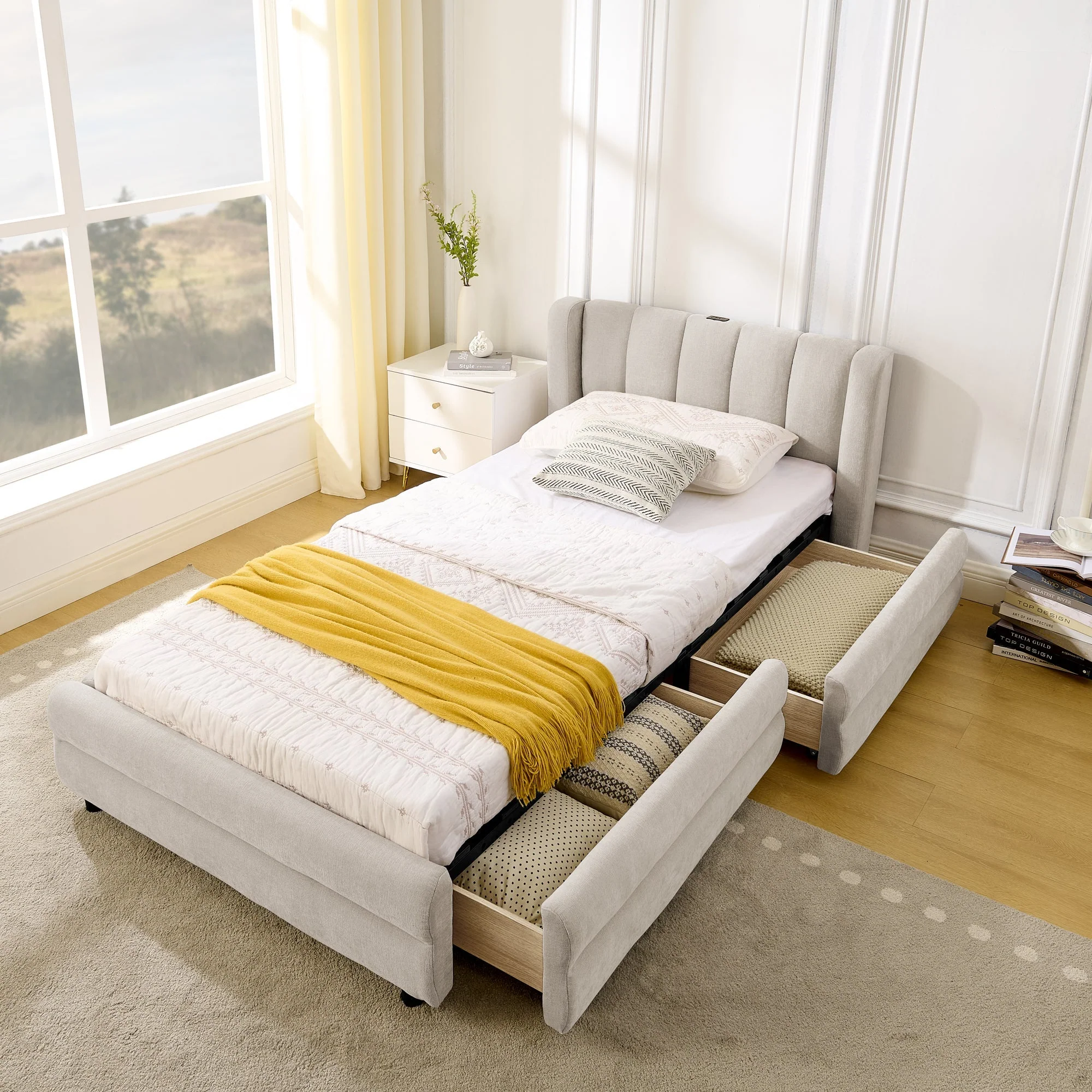 Single Bed 90x200 cm with Side Storage and USB Charging Port, Beige Chenille Fabric - Image 8