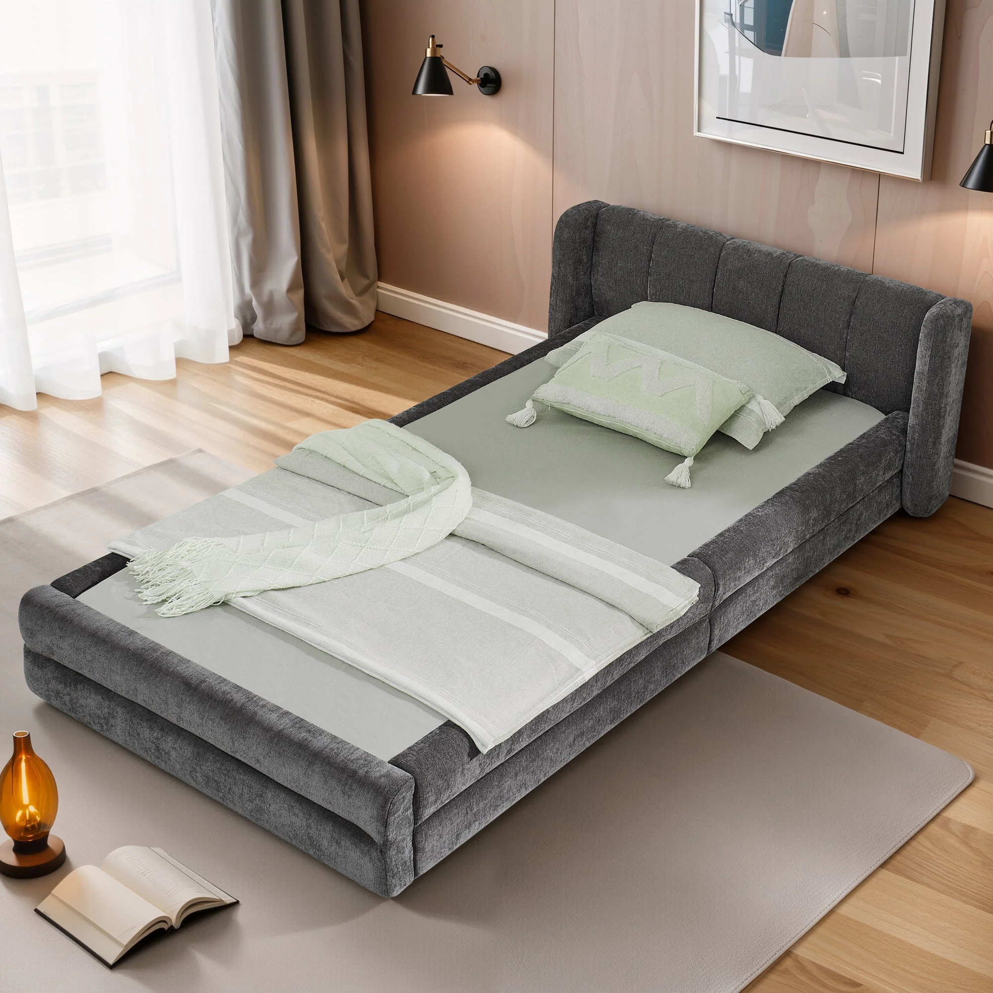 Single Bed 90x200cm Comfortable Backrest - Dark Grey Chenille - Image 9