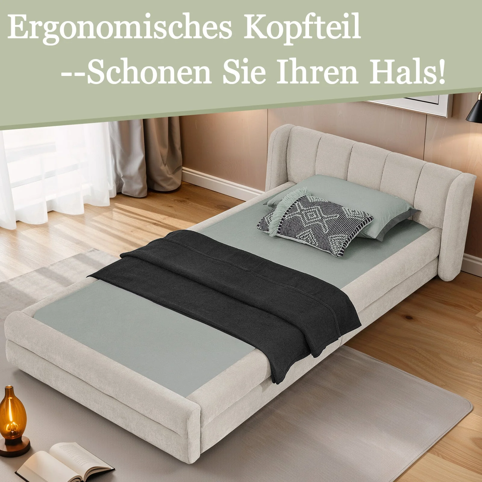 Single Bed 90x200cm Comfortable Headboard Chenille Beige - Image 2