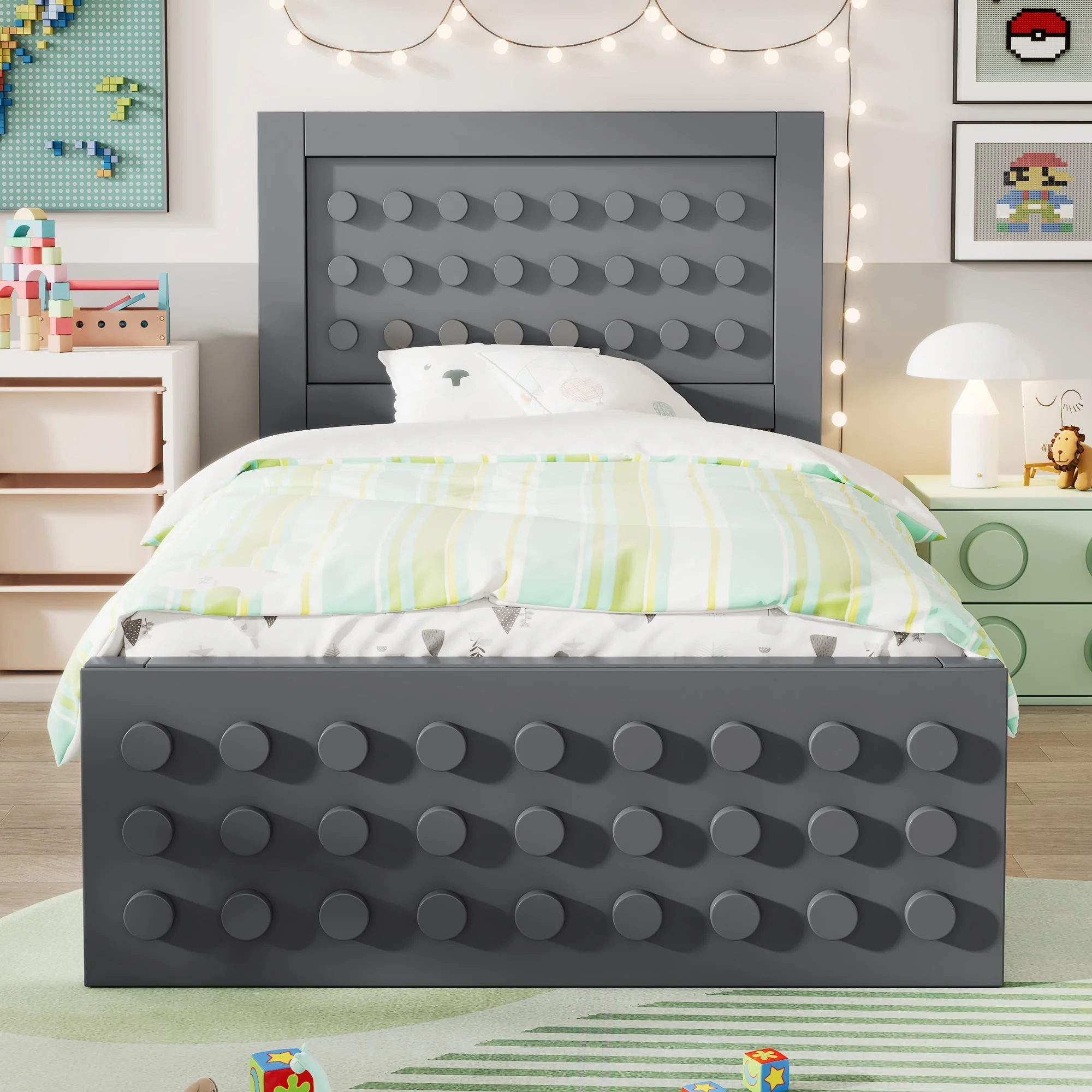 Single Bed, 90x200cm Creative Block Design with Drawers & Storage, Grey Wood - Image 7
