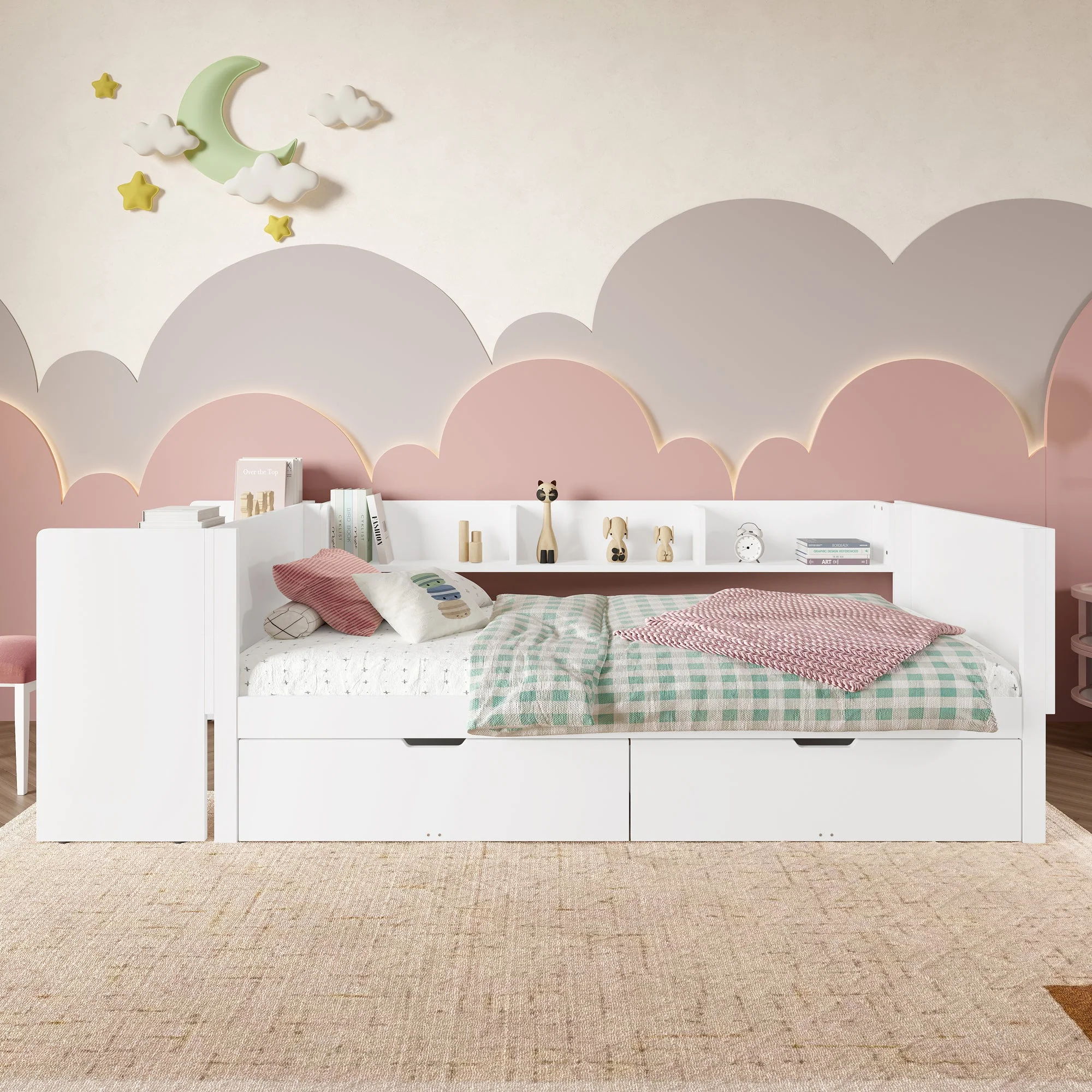 Single Bed 90x200cm Desk 2 Drawers Shelves - White Wood - Image 2