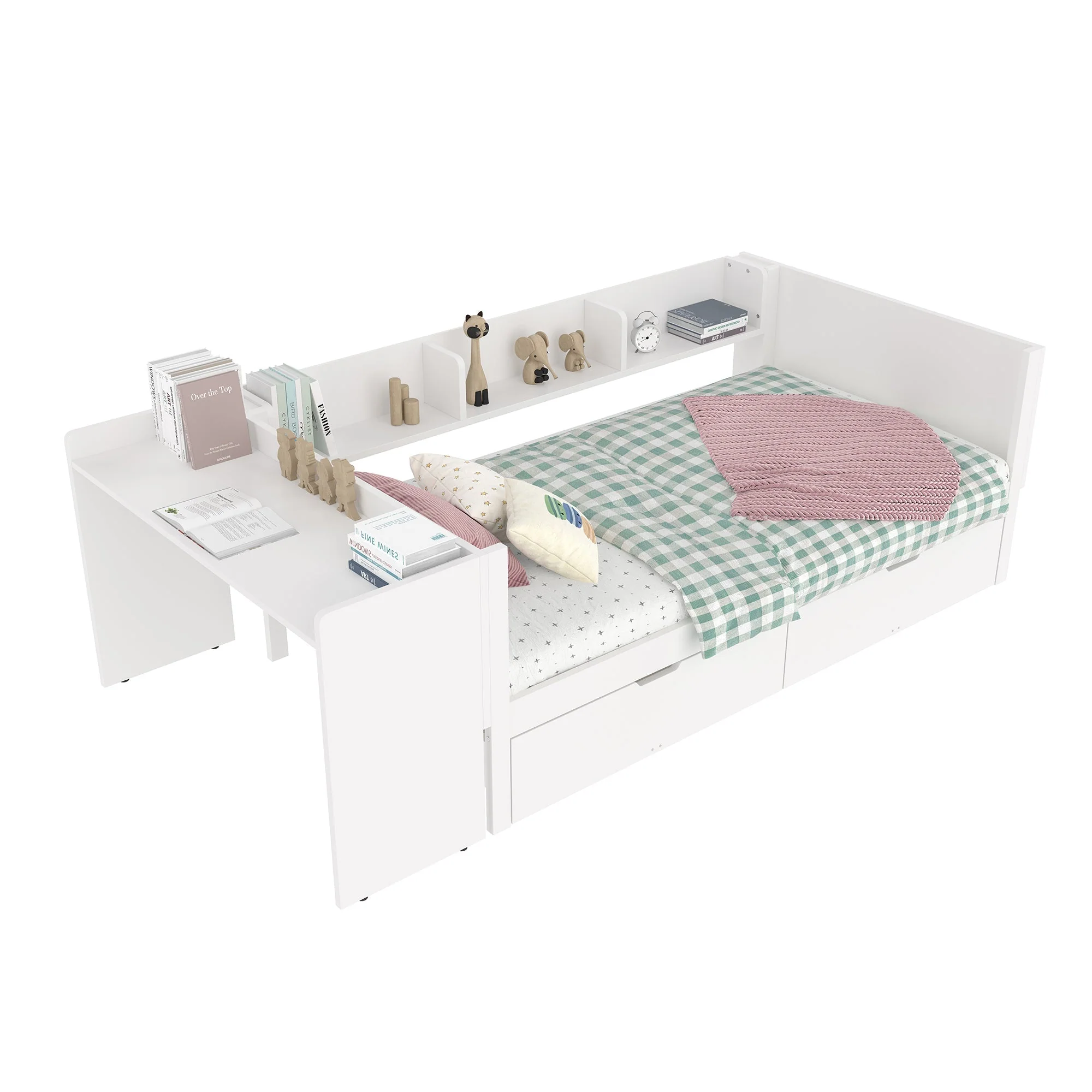 Single Bed 90x200cm Desk 2 Drawers Shelves - White Wood - Image 5
