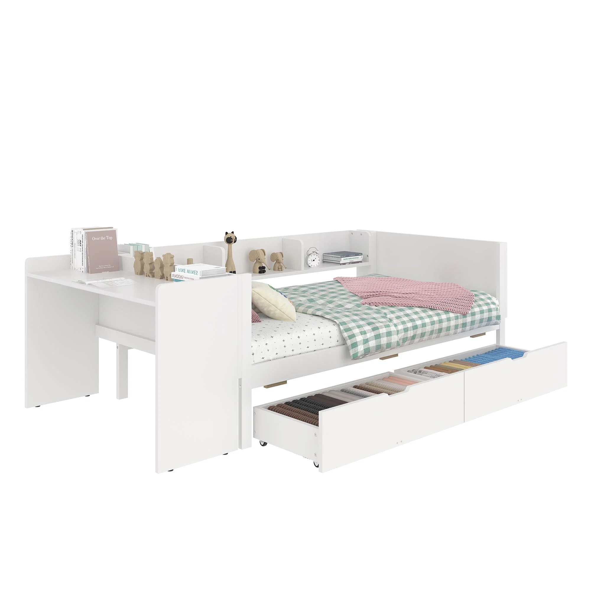 Single Bed 90x200cm Desk 2 Drawers Shelves - White Wood - Image 6