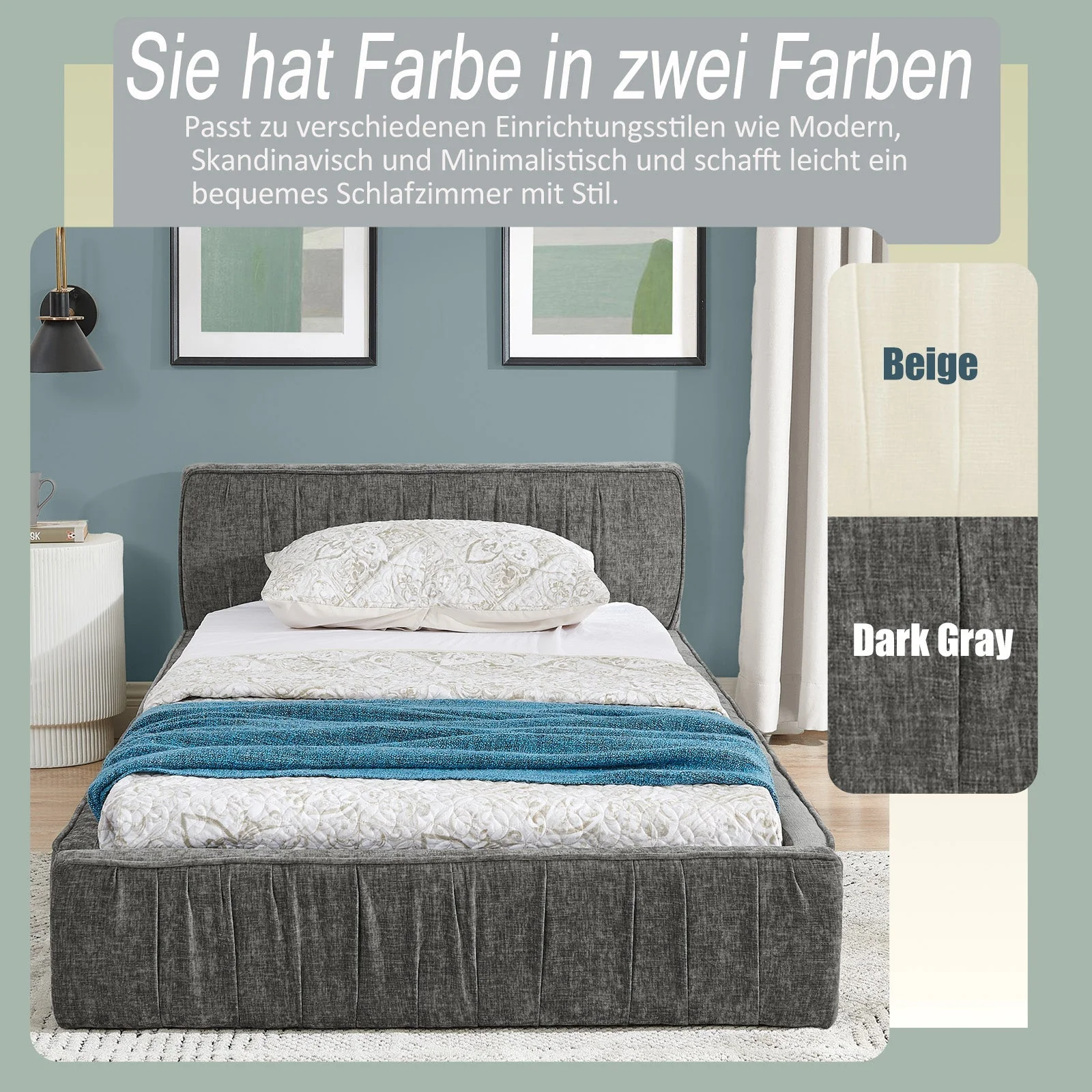 Single Bed 90x200cm Eucalyptus Wood Frame, Chenille Dark Grey - Image 4