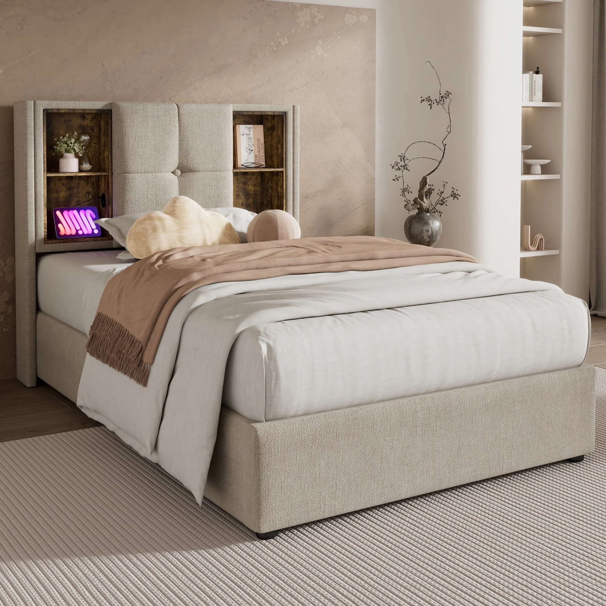 Single Bed, 90x200cm Upholstered with Wireless USB-C Charging, Storage & Wood Slats, Natural Linen - Image 10