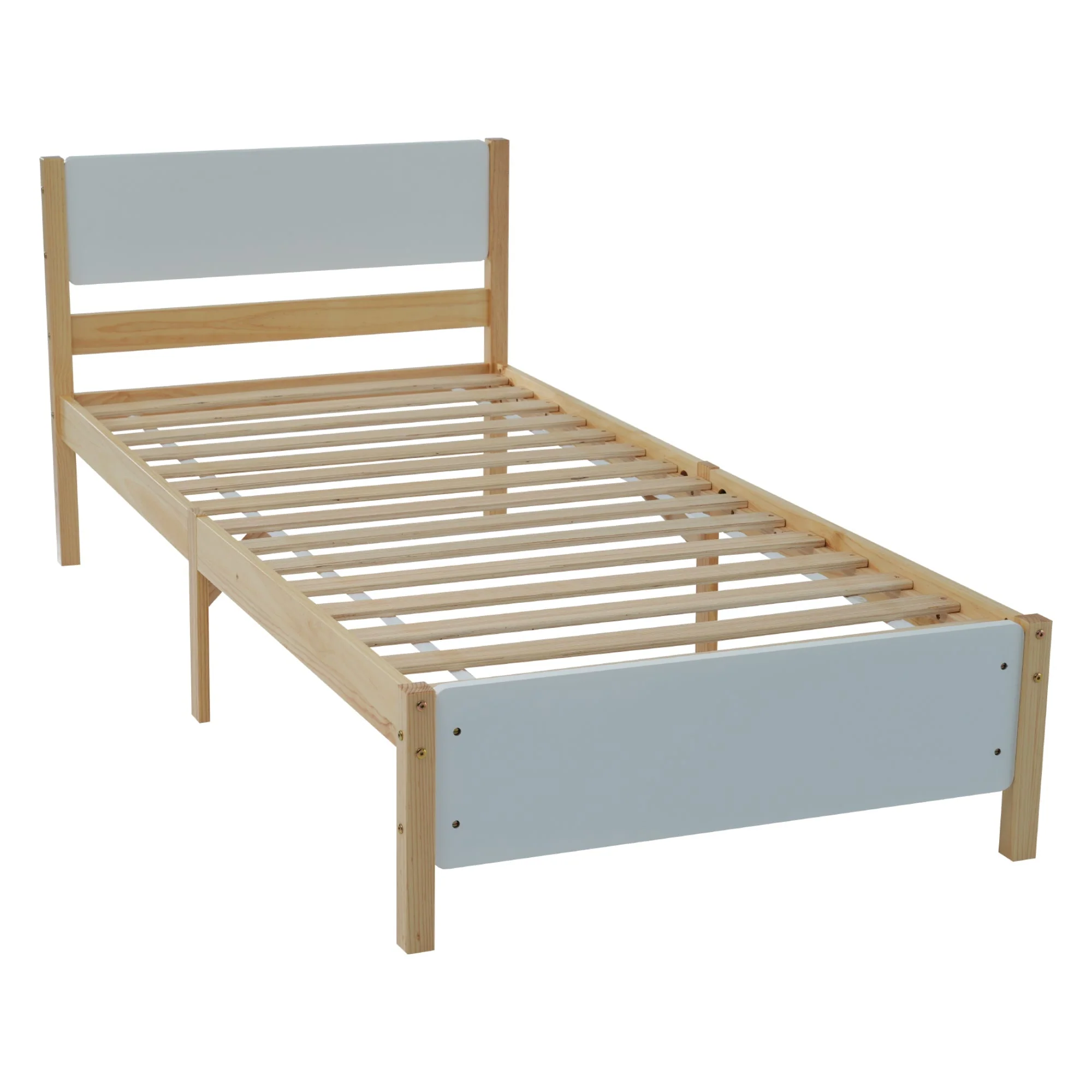 Single Bed, Pine Wood Frame with MDF Headboard & Footboard, White + Natural - Image 9