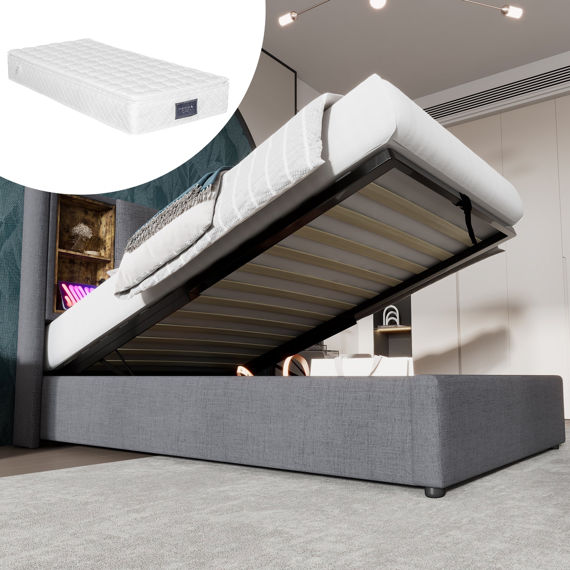 Single Bed, Wireless Charging USB C, 90x200cm with Storage, Wood-Grey Cotton