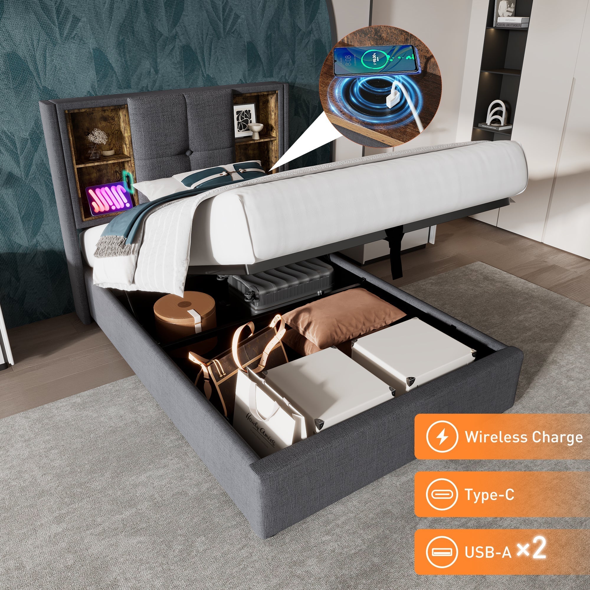 Single Bed, Wireless Charging USB C, 90x200cm with Storage, Wood-Grey Cotton - Image 2