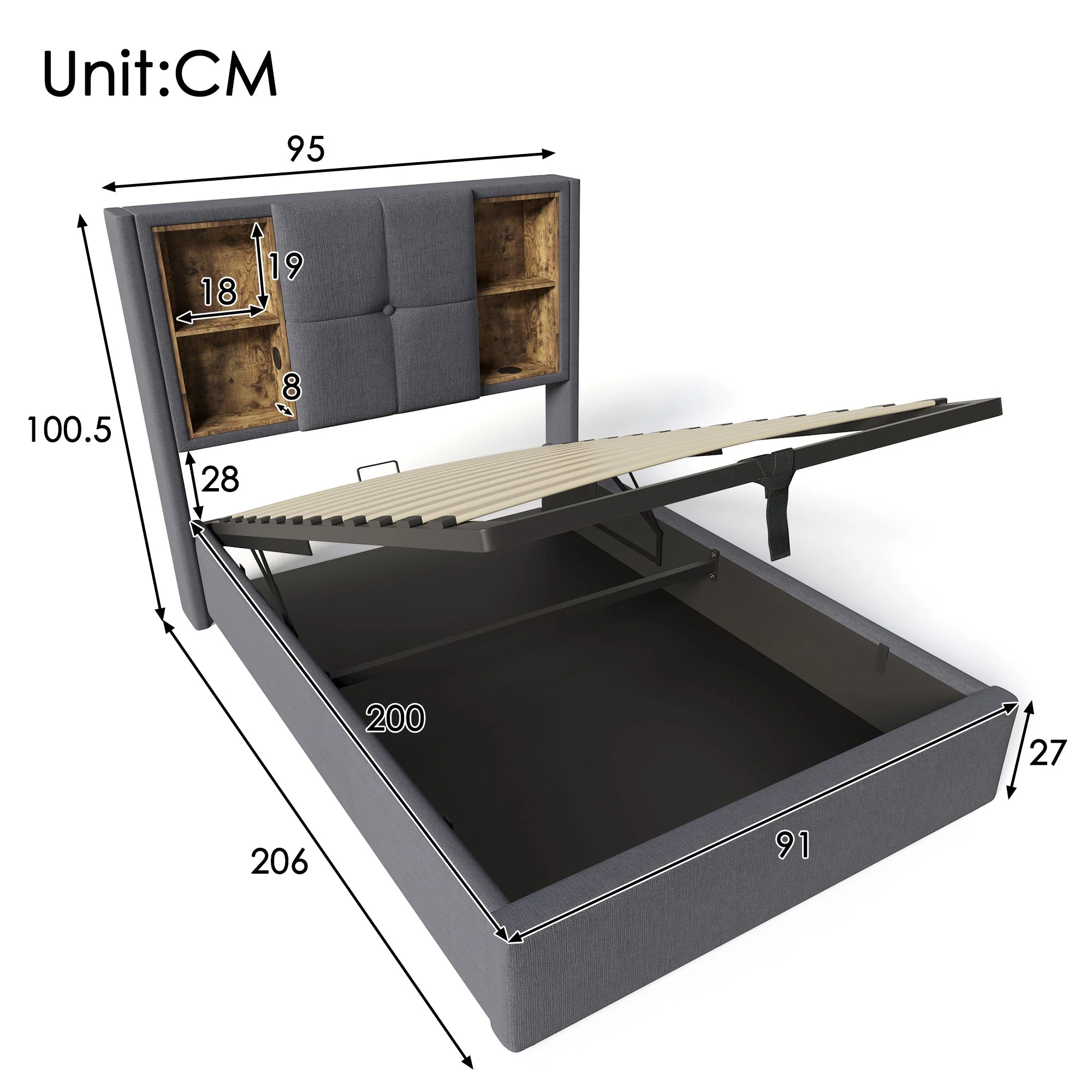 Single Bed, Wireless Charging USB C, 90x200cm with Storage, Wood-Grey Cotton - Image 3