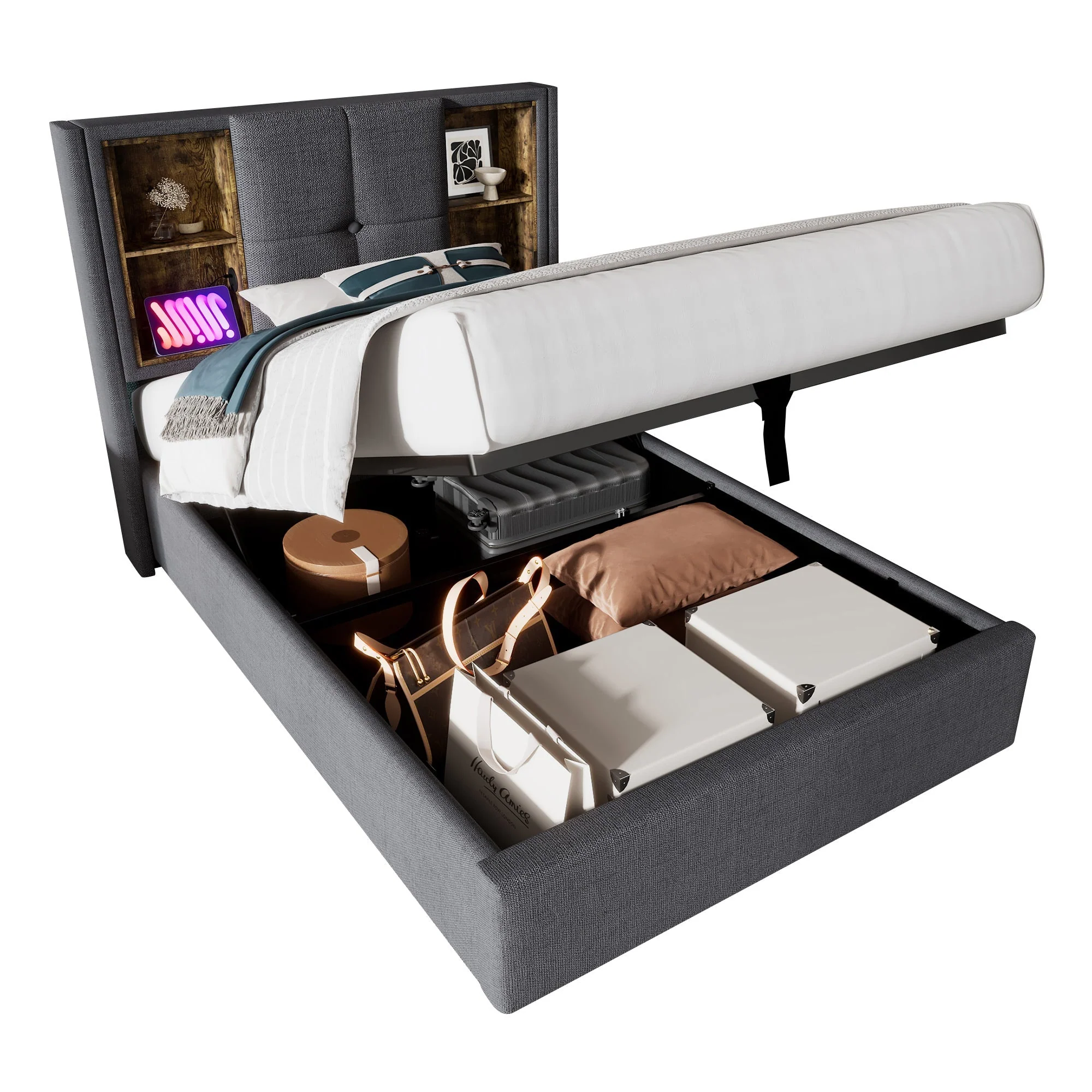 Single Bed, Wireless Charging USB C, 90x200cm with Storage, Wood-Grey Cotton - Image 6