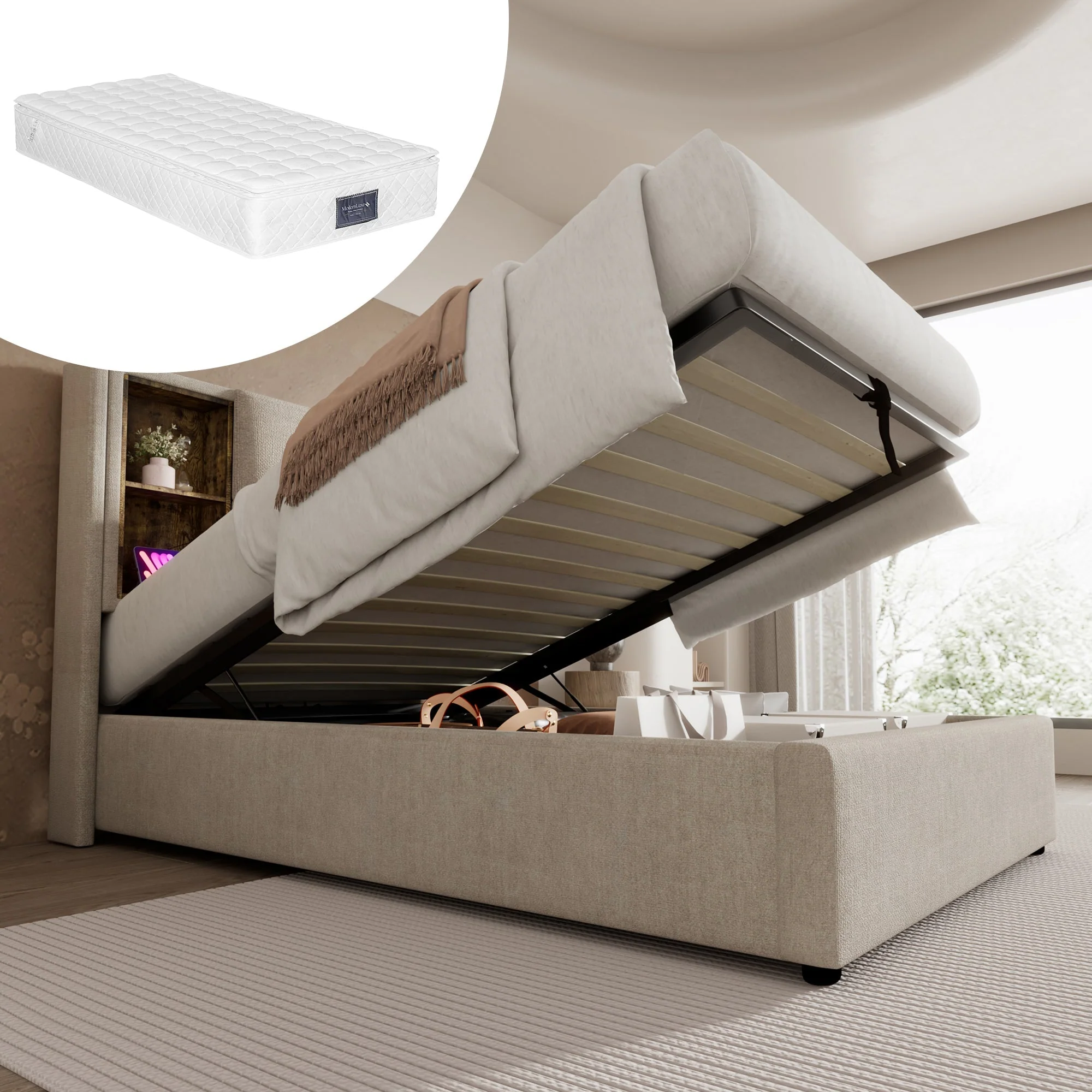 Single Bed, Wireless Charging USB C, Upholstered with Storage, 90x200cm Wood-Natural Linen