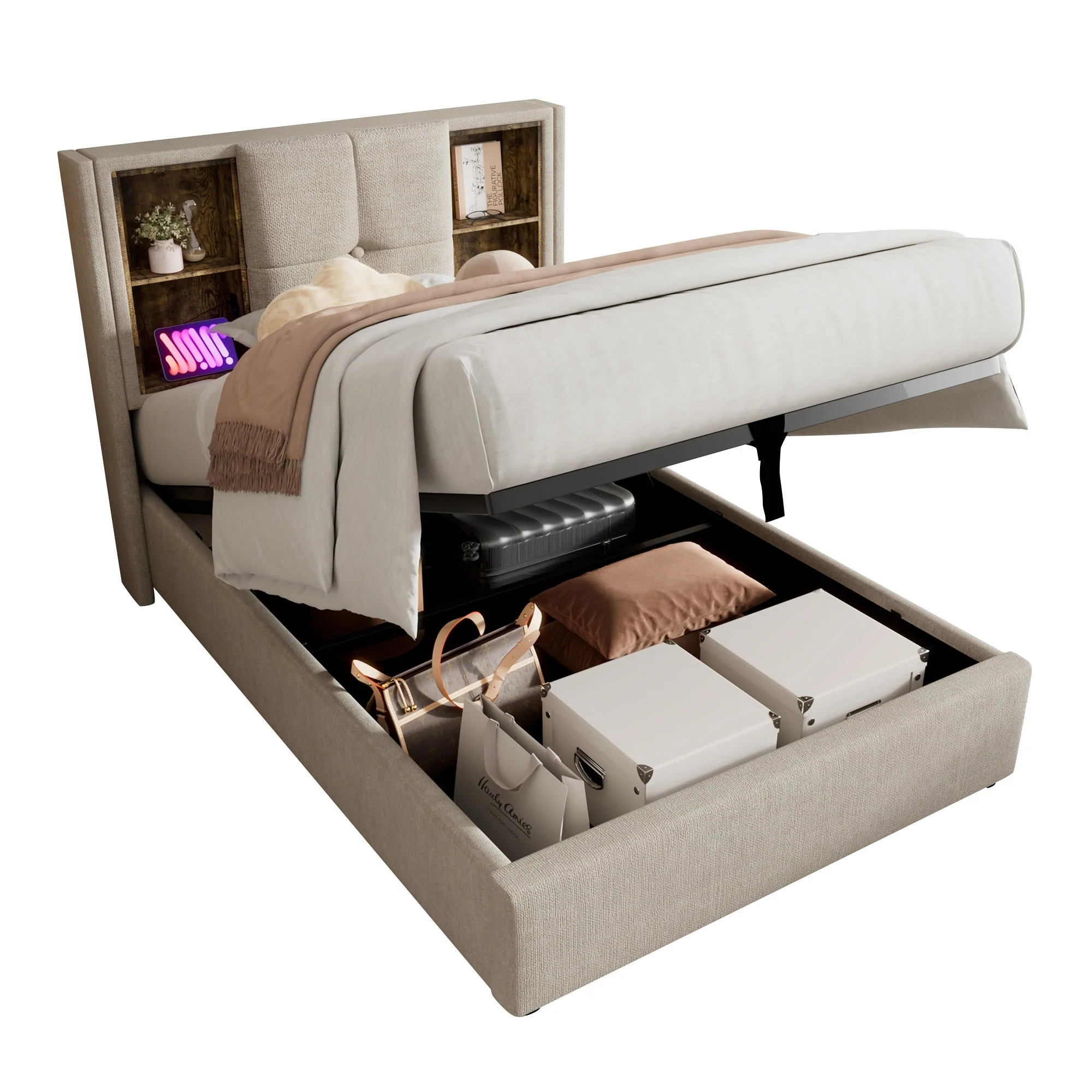 Single Bed, Wireless Charging USB C, Upholstered with Storage, 90x200cm Wood-Natural Linen - Image 10