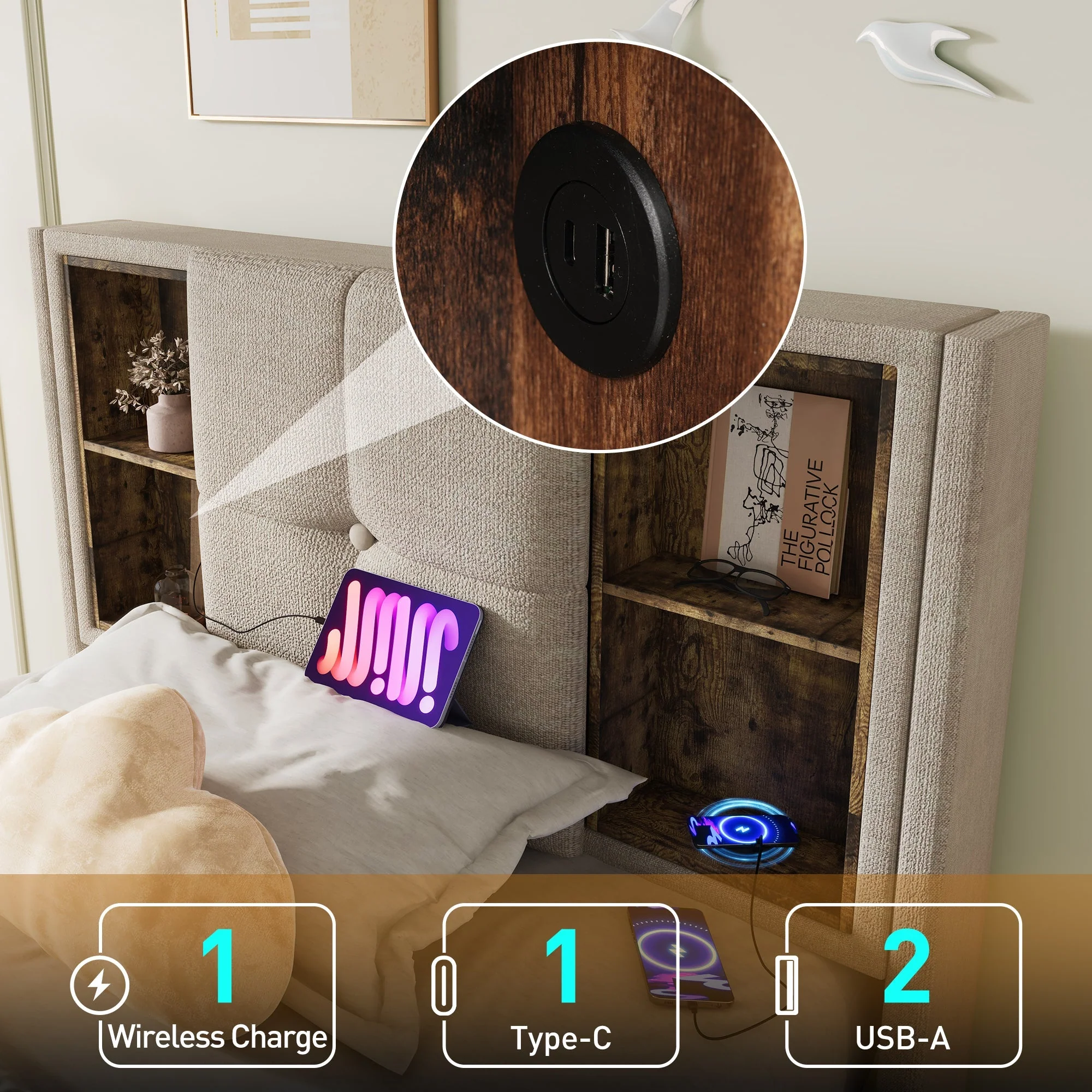 Single Bed, Wireless Charging USB C, Upholstered with Storage, 90x200cm Wood-Natural Linen - Image 5