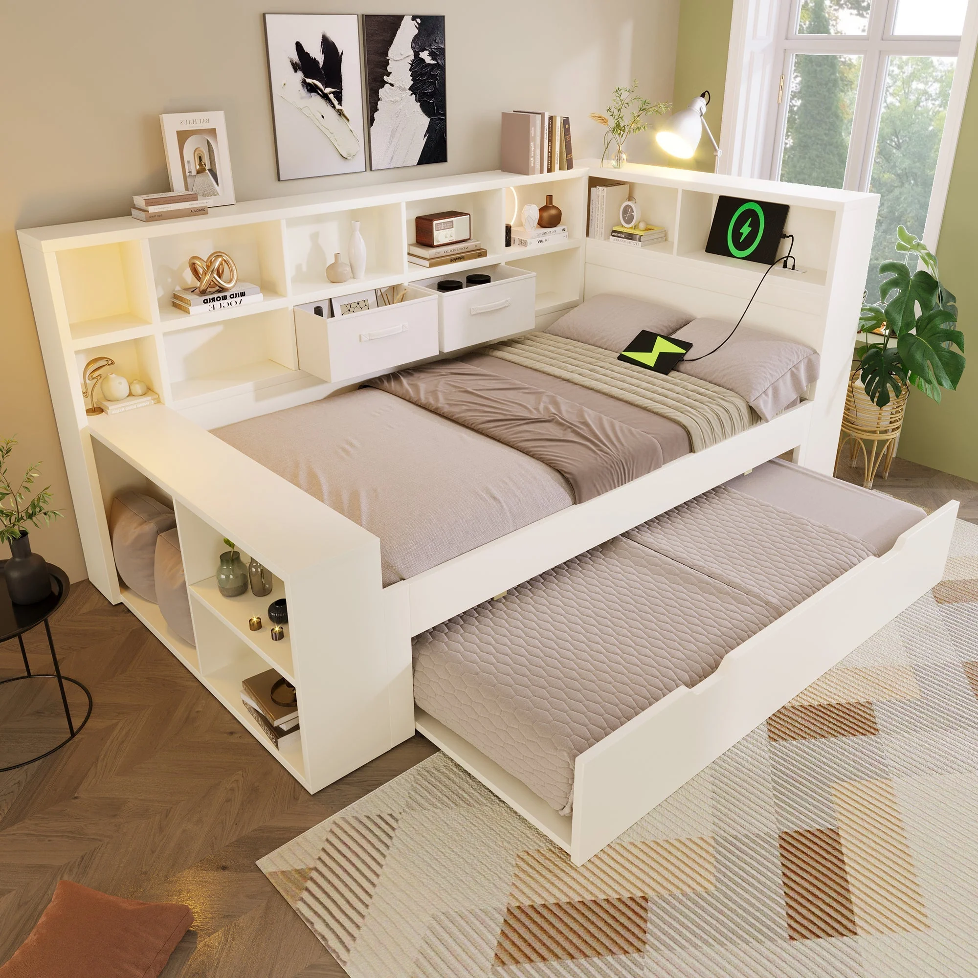 Single Bed with Pull-Out Bed, Shelves and USB Charging, White - Image 10