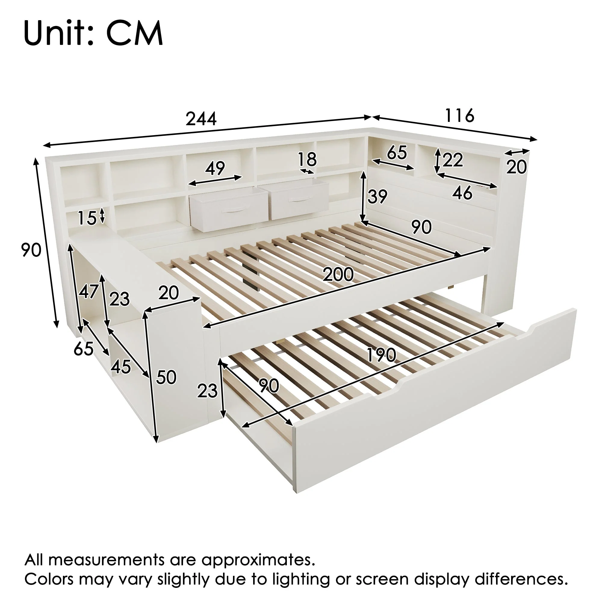 Single Bed with Pull-Out Bed, Shelves and USB Charging, White - Image 2
