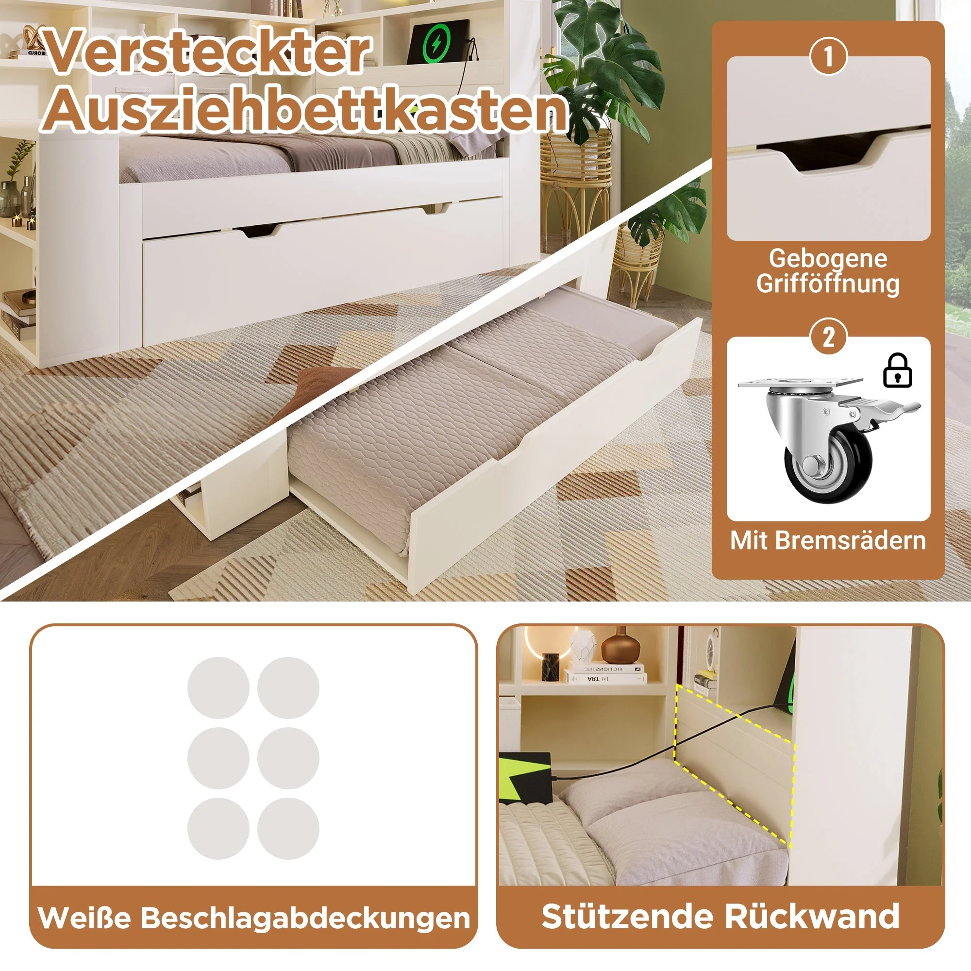 Single Bed with Pull-Out Bed, Shelves and USB Charging, White - Image 3