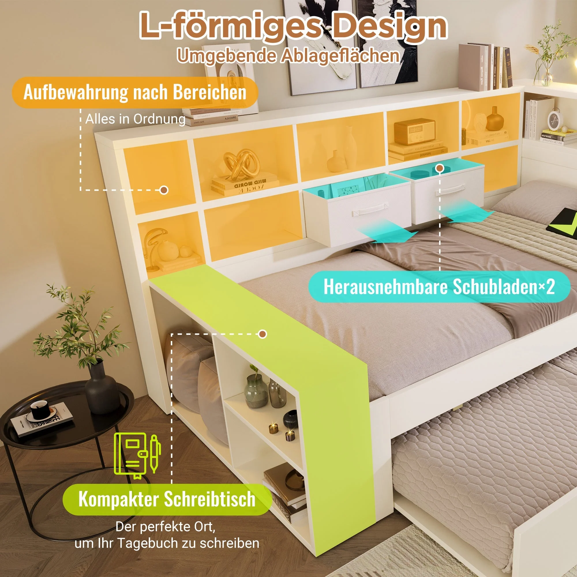 Single Bed with Pull-Out Bed, Shelves and USB Charging, White - Image 5