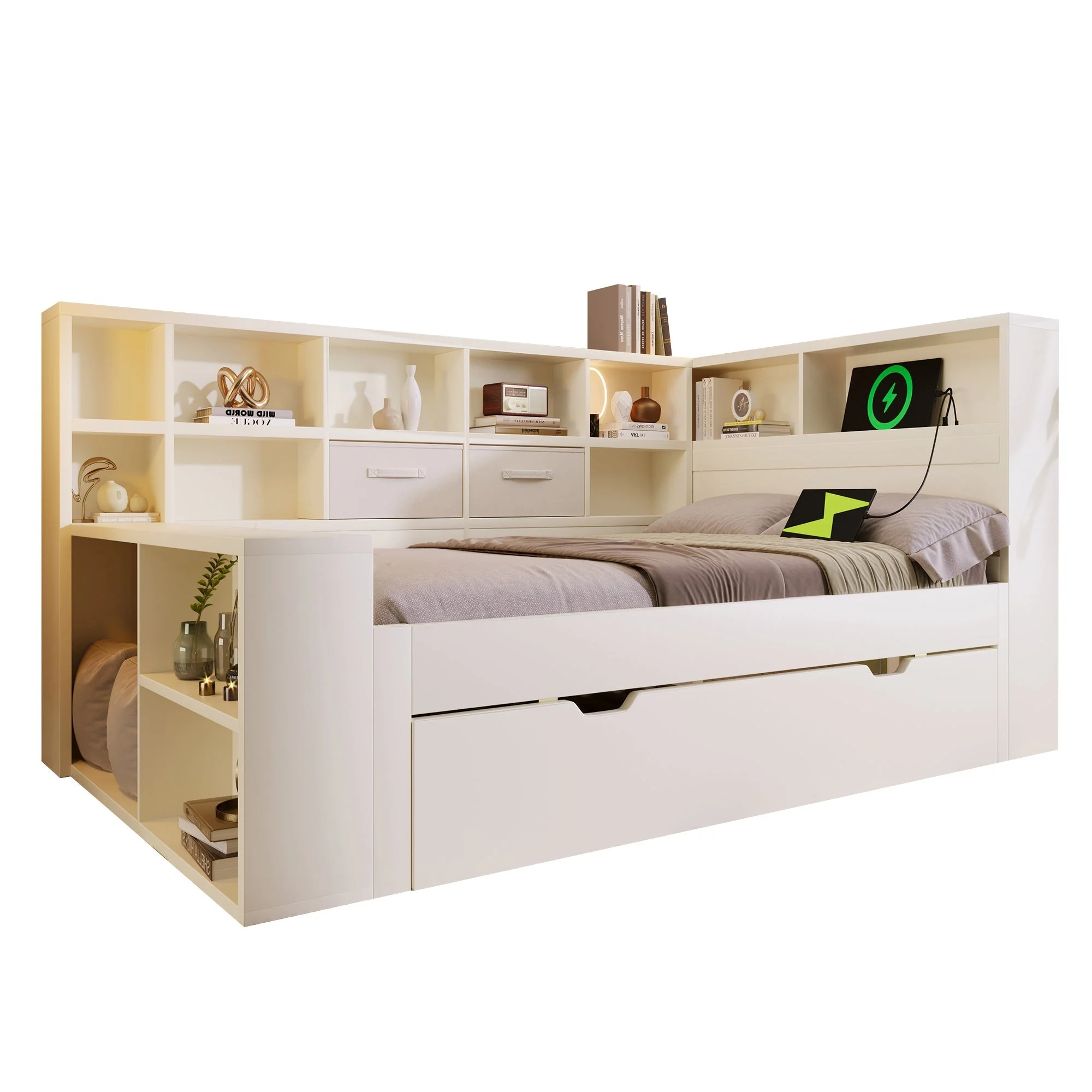 Single Bed with Pull-Out Bed, Shelves and USB Charging, White - Image 6