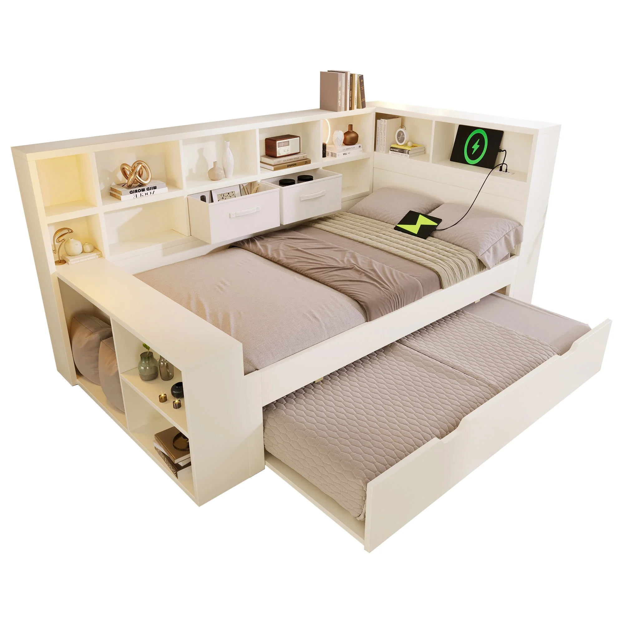 Single Bed with Pull-Out Bed, Shelves and USB Charging, White - Image 7