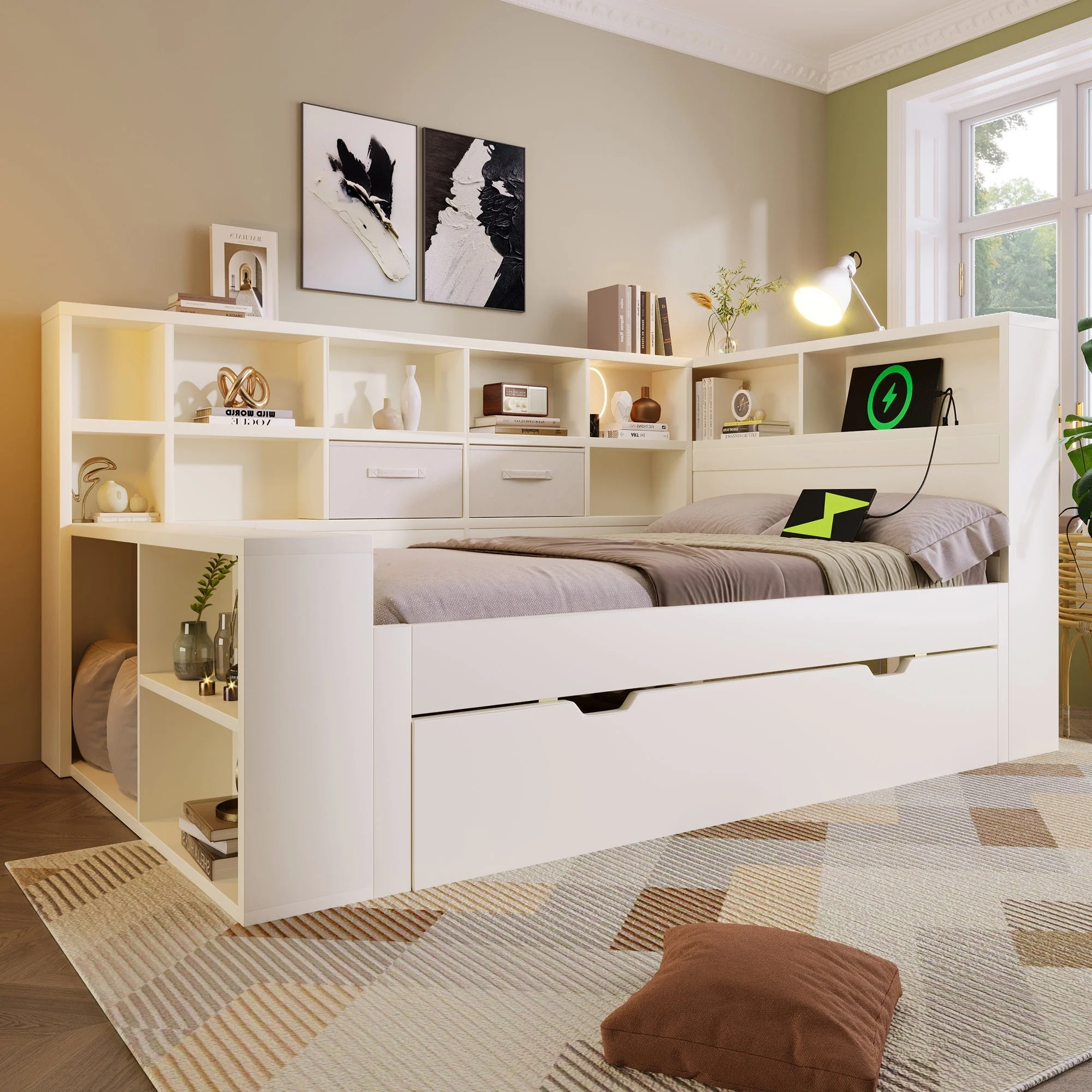 Single Bed with Pull-Out Bed, Shelves and USB Charging, White - Image 8