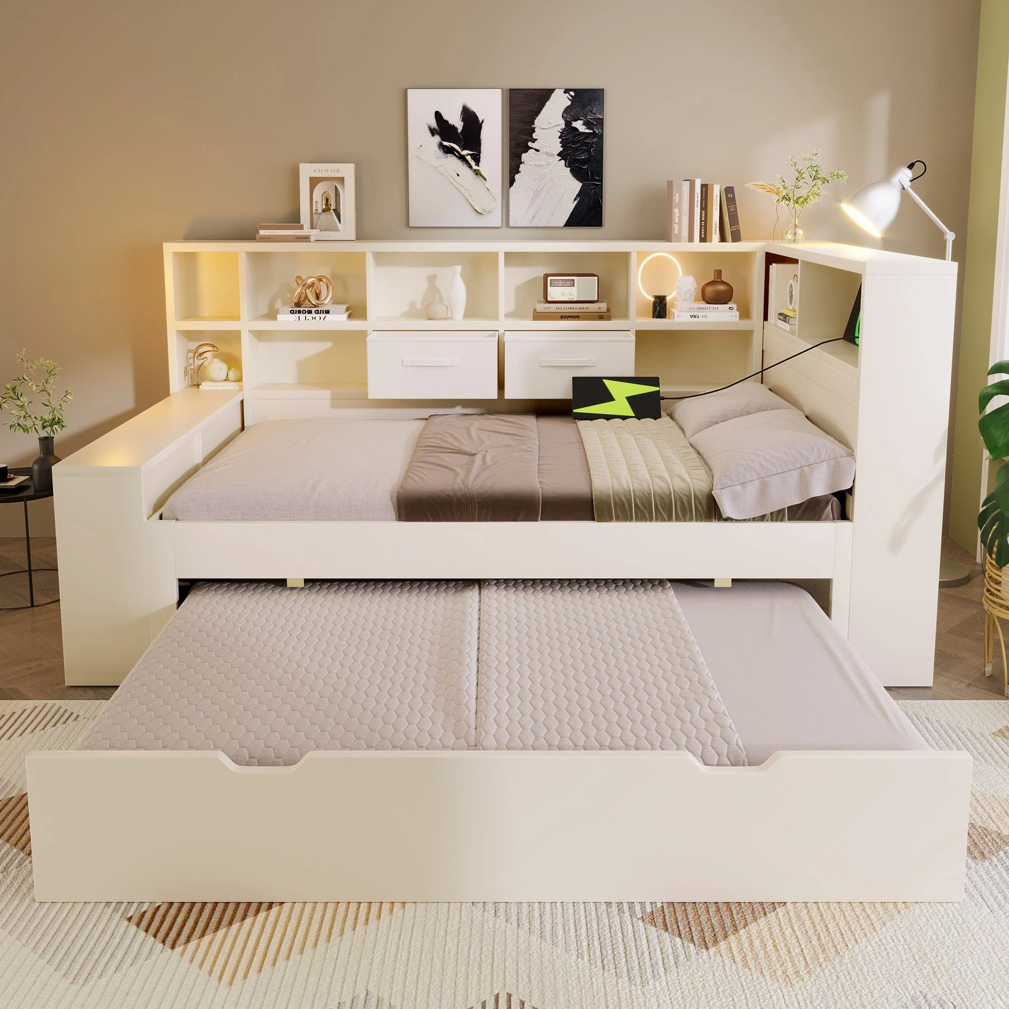 Single Bed with Pull-Out Bed, Shelves and USB Charging, White - Image 9