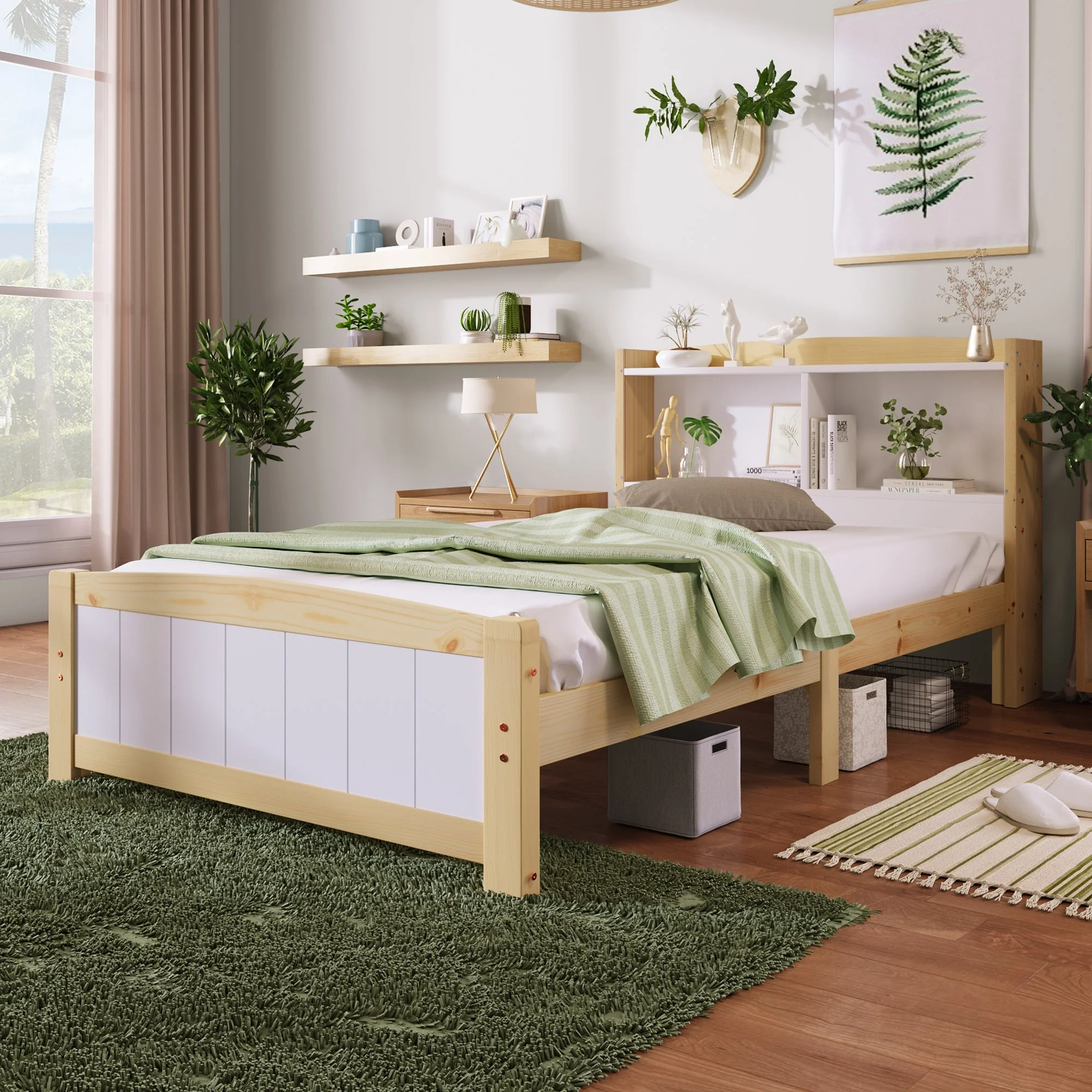 Single Bed with Storage Headboard, 90x200cm Solid Pine, Natural and White - Image 2