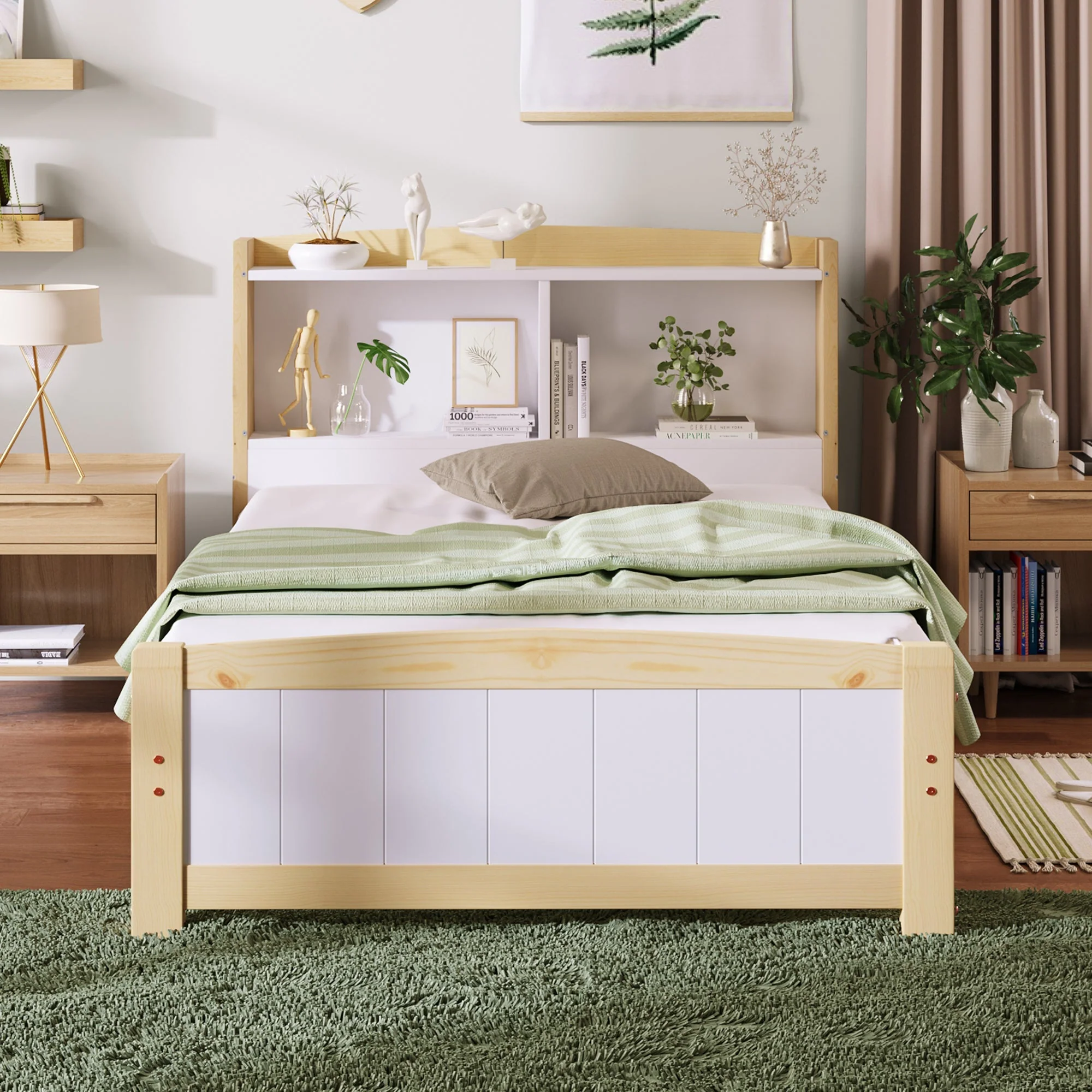 Single Bed with Storage Headboard, 90x200cm Solid Pine, Natural and White - Image 3