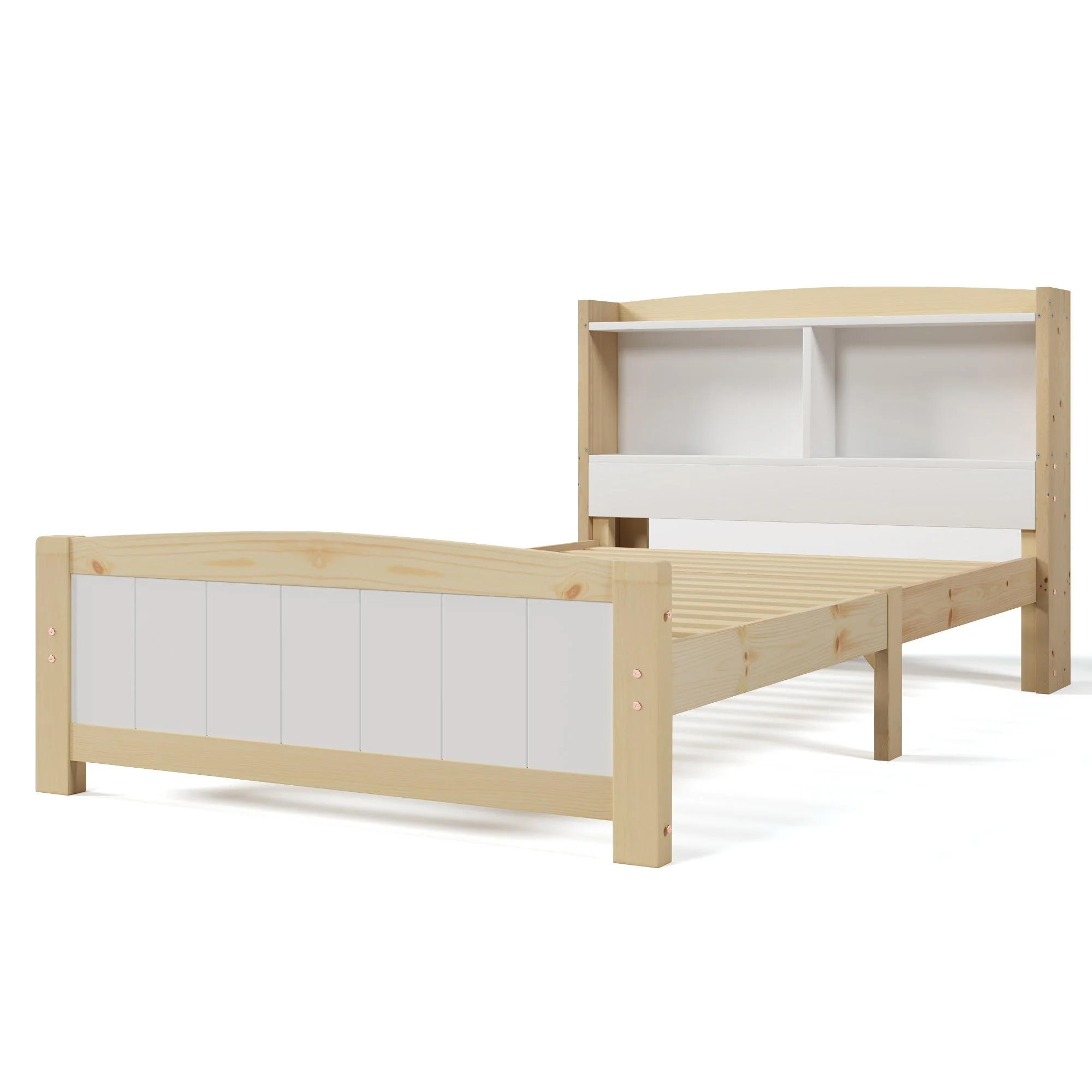 Single Bed with Storage Headboard, 90x200cm Solid Pine, Natural and White - Image 4