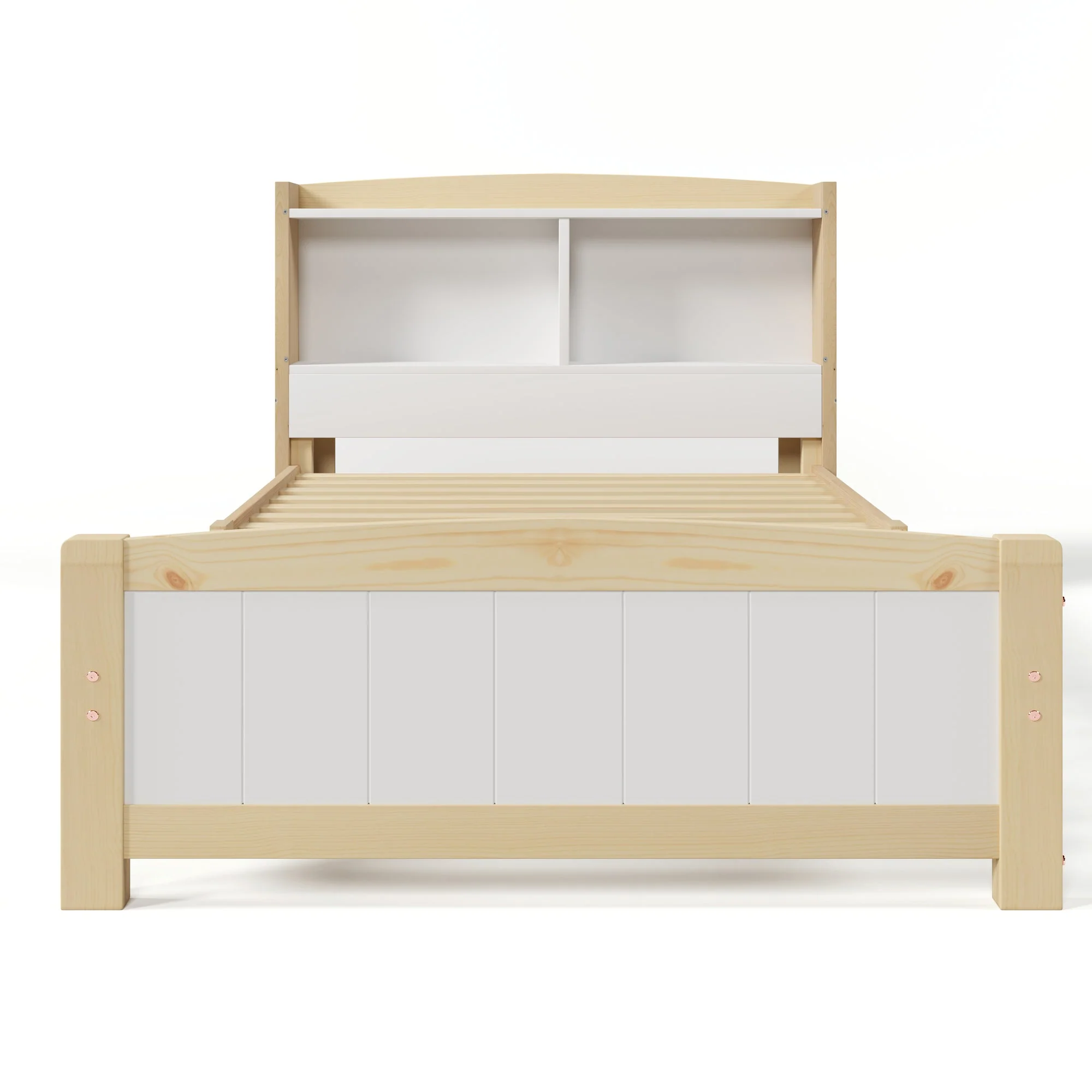 Single Bed with Storage Headboard, 90x200cm Solid Pine, Natural and White - Image 5