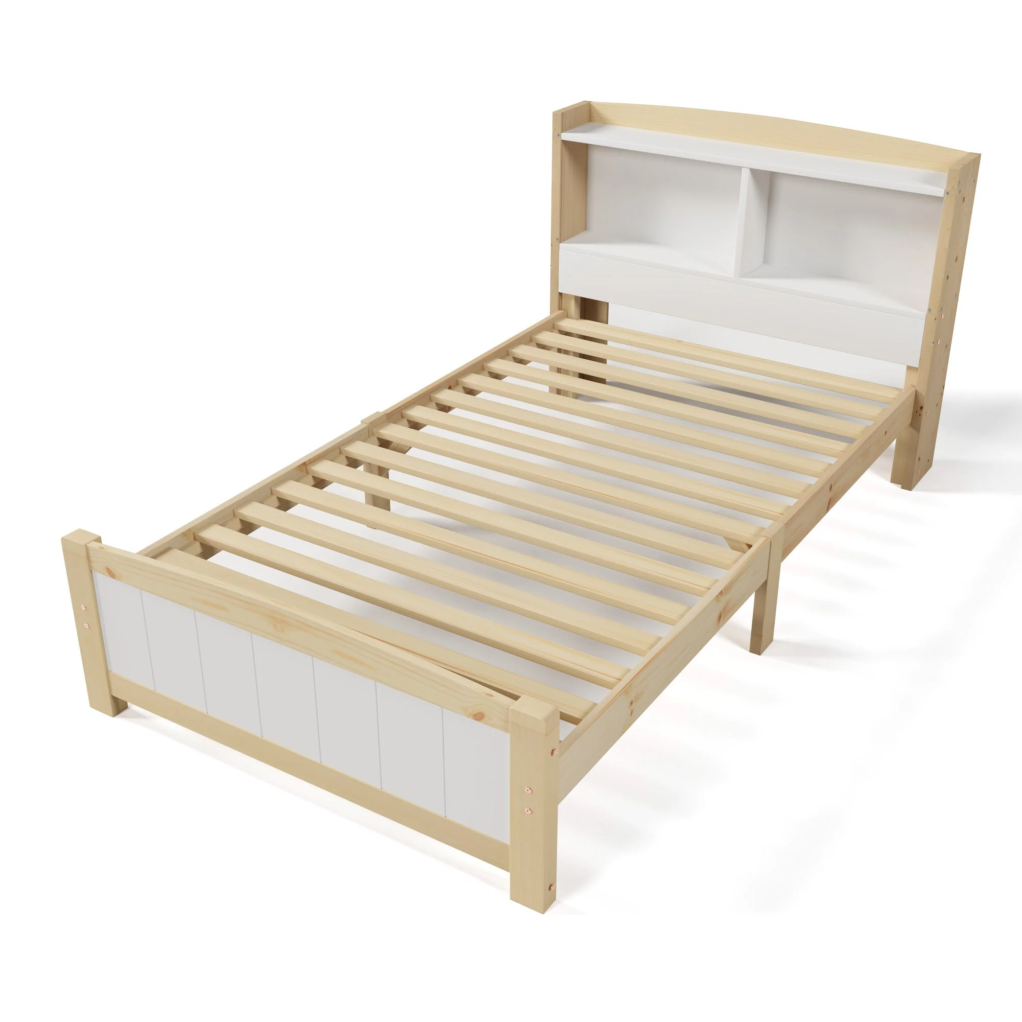 Single Bed with Storage Headboard, 90x200cm Solid Pine, Natural and White - Image 6