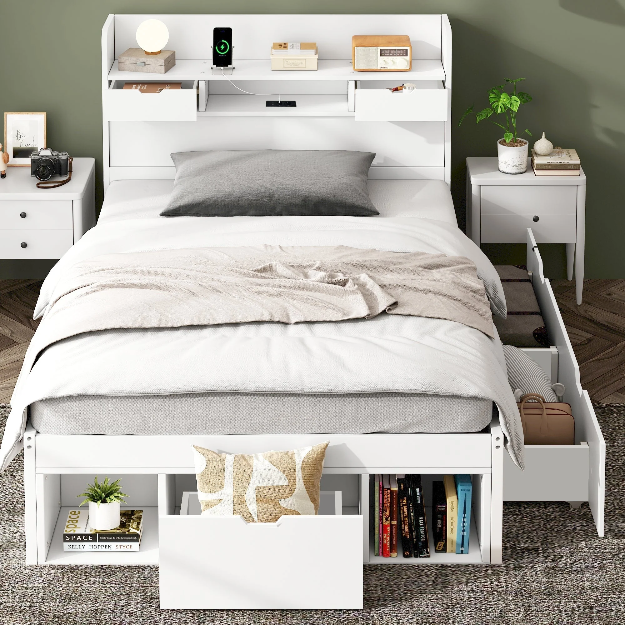 Single Bed with USB Port, Drawers and Storage Cabinet, White - Image 3