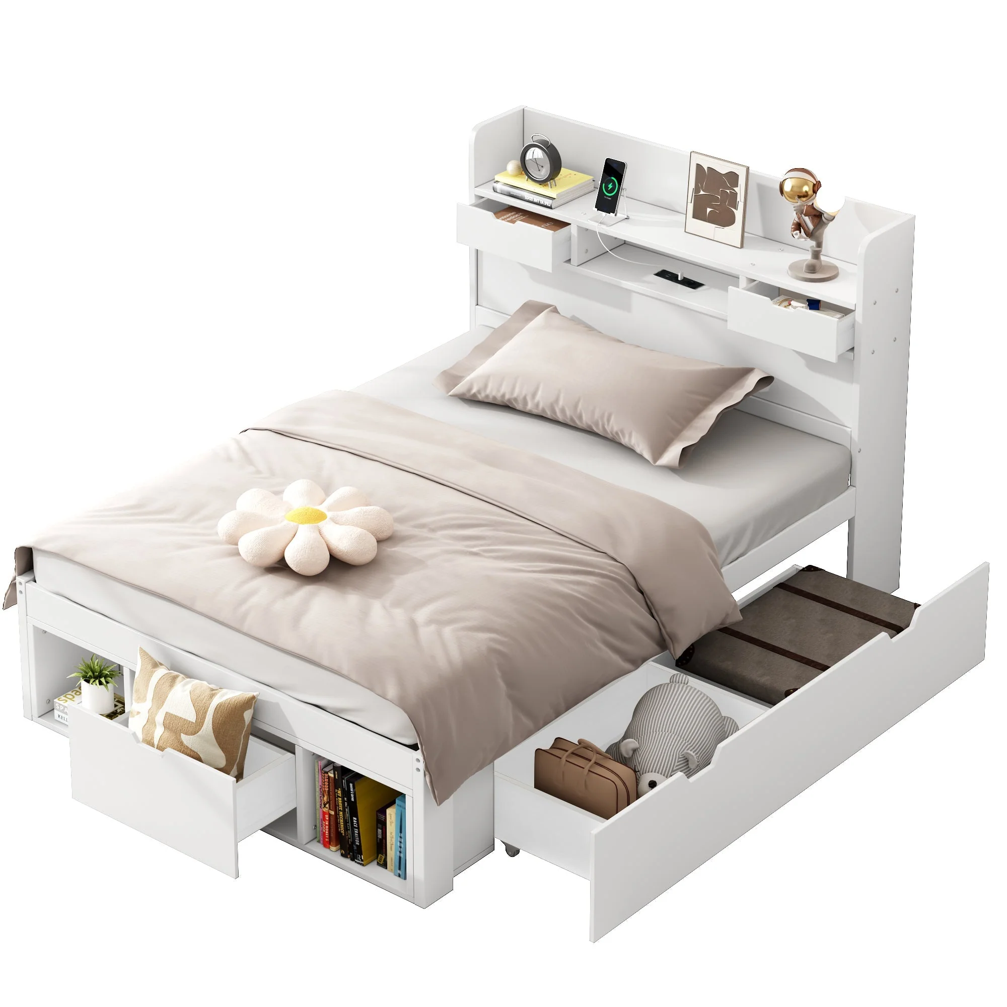 Single Bed with USB Port, Drawers and Storage Cabinet, White - Image 7