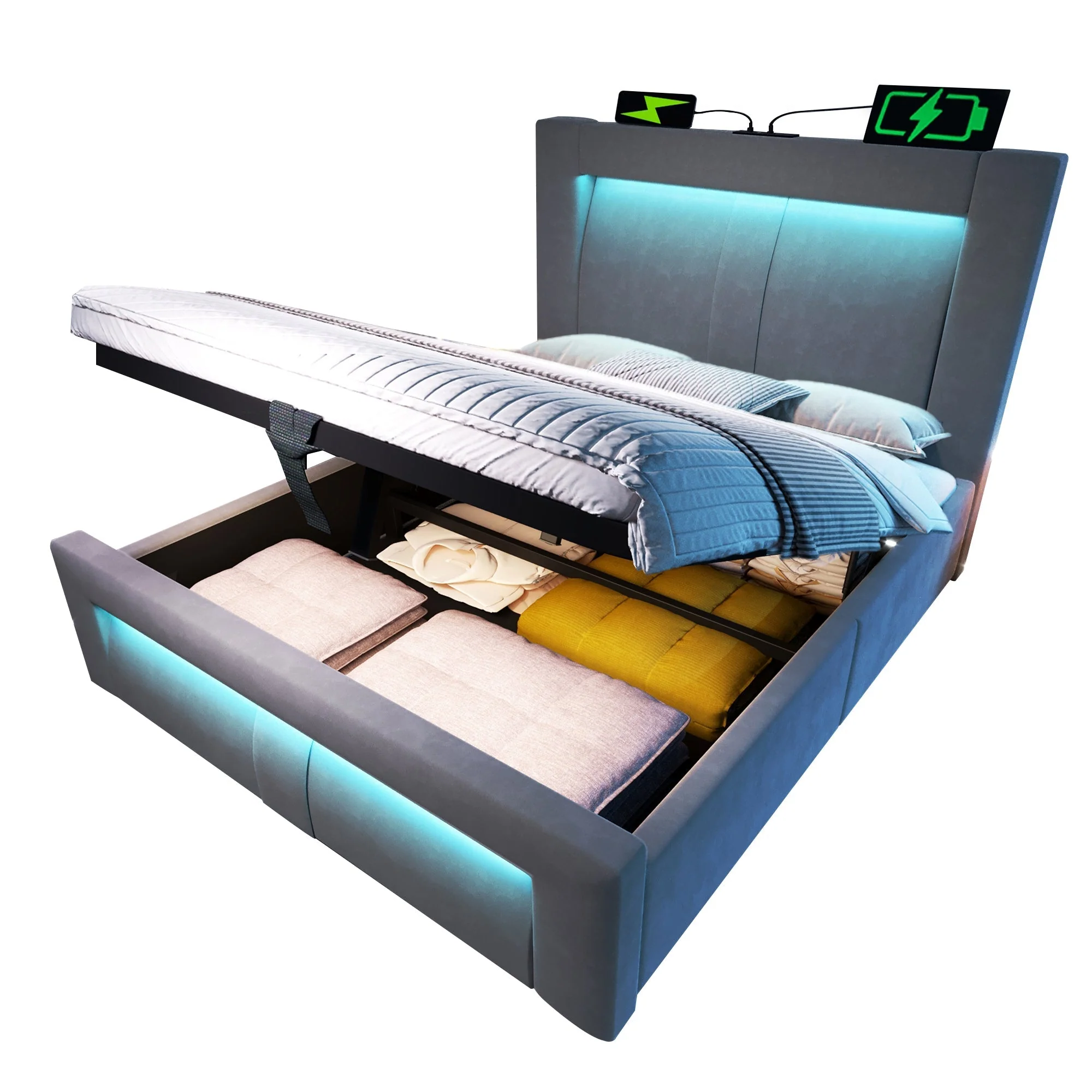 Single Hydraulic Bed 90x200 cm with LED, Storage, Charging Ports and Mattress, Grey Velvet - Image 3
