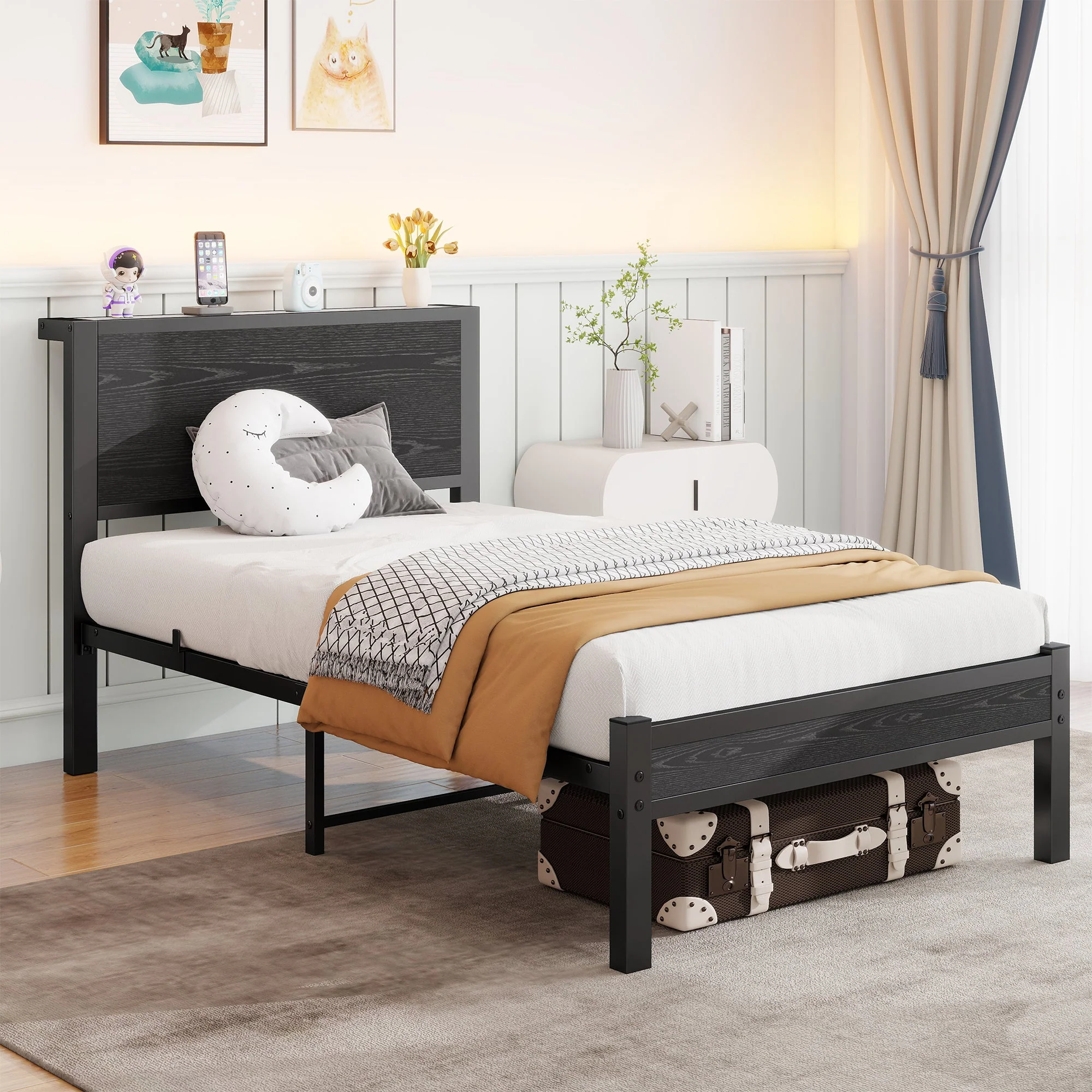 Single Metal Bed Frame 90x200cm, Storage Headboard, Noiseless Platform - Black - Image 2