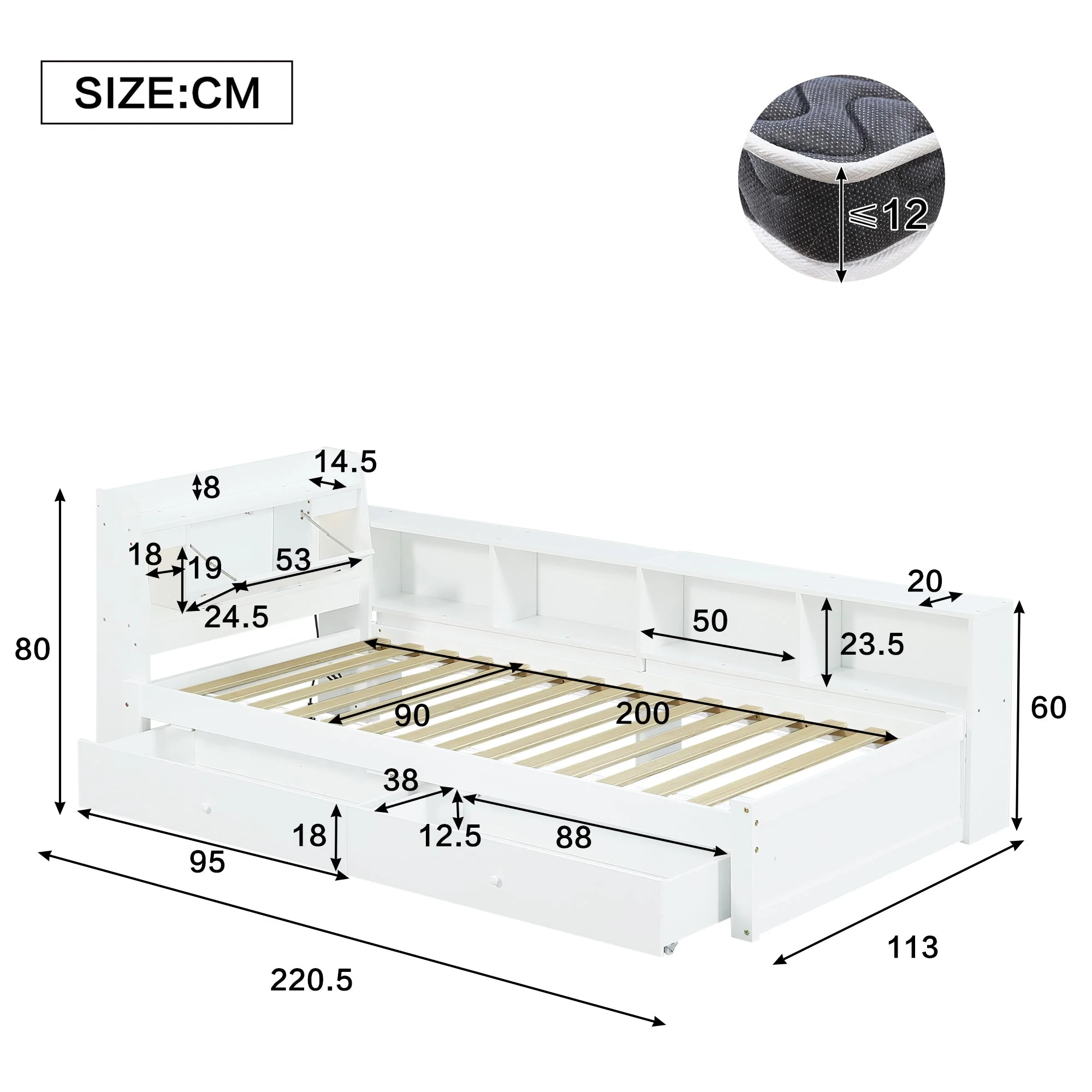 Single Panel Bed, Storage Headboard Lights Charging Drawers 90x200cm, White Pine/MDF - Image 6