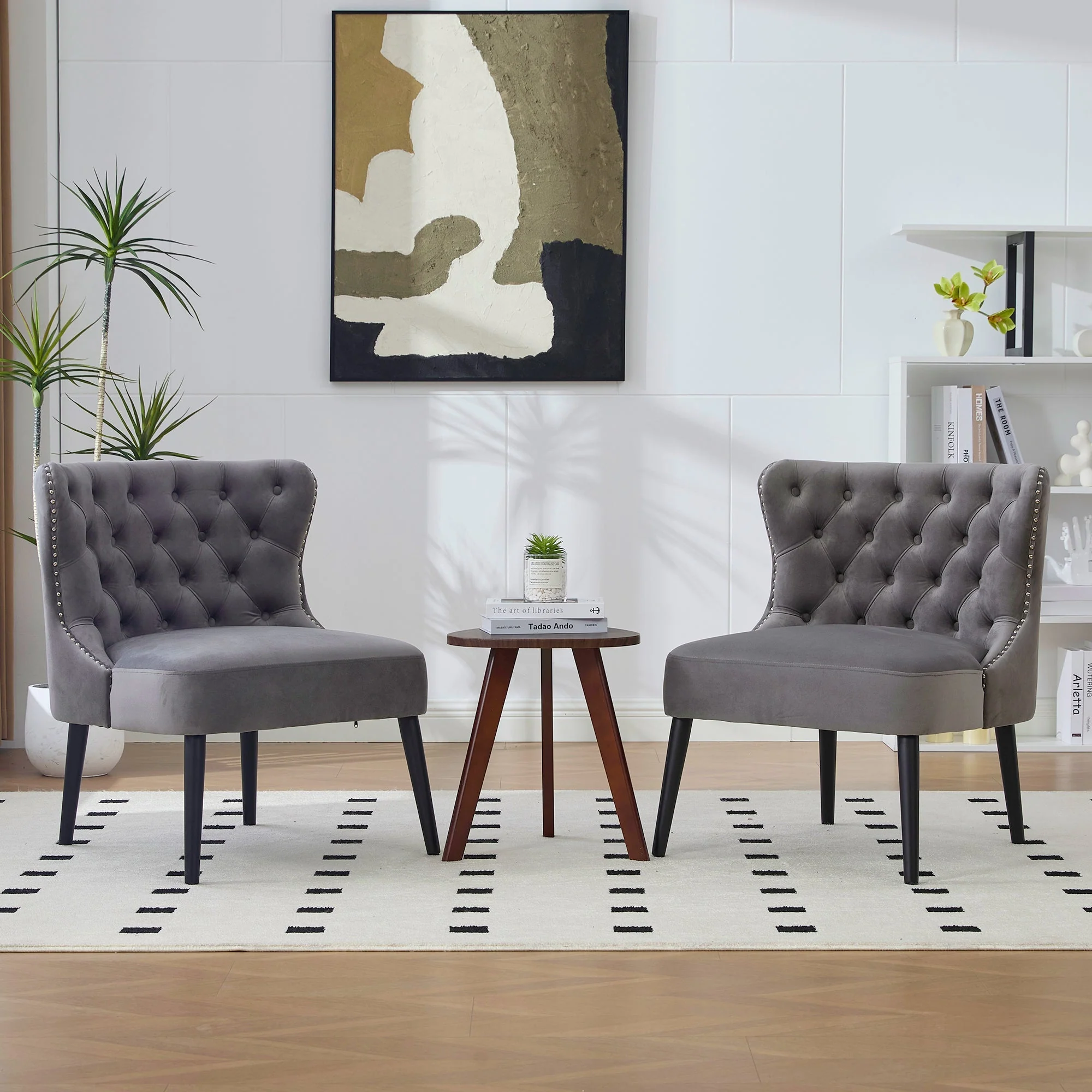 Single Sofa Chair, Armless Button-Front Studded Trim Solid Wood Legs, Velvet - Image 3