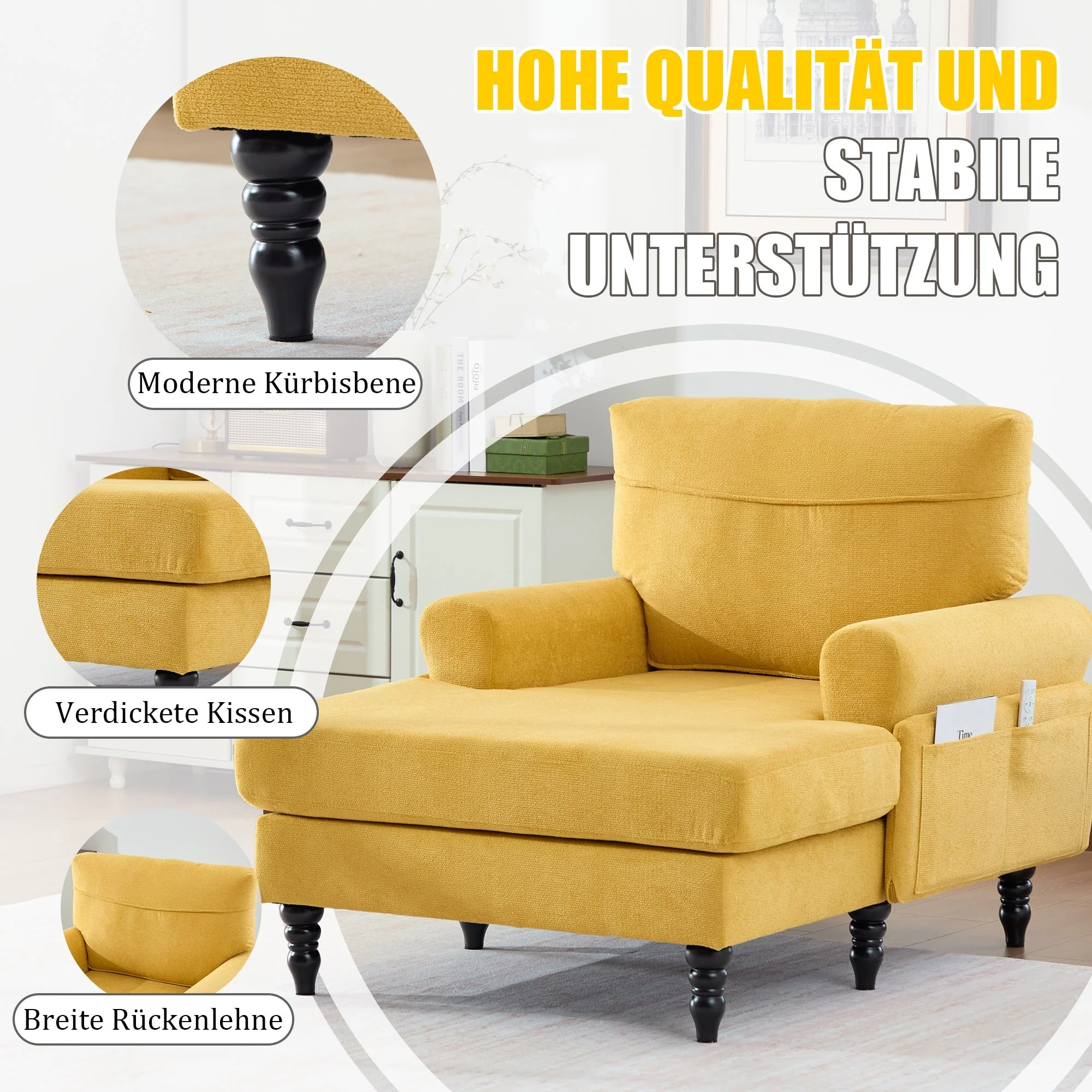 Single Sofa Lounger with Side Pockets and Wooden Legs, Chenille Fabric - Image 3