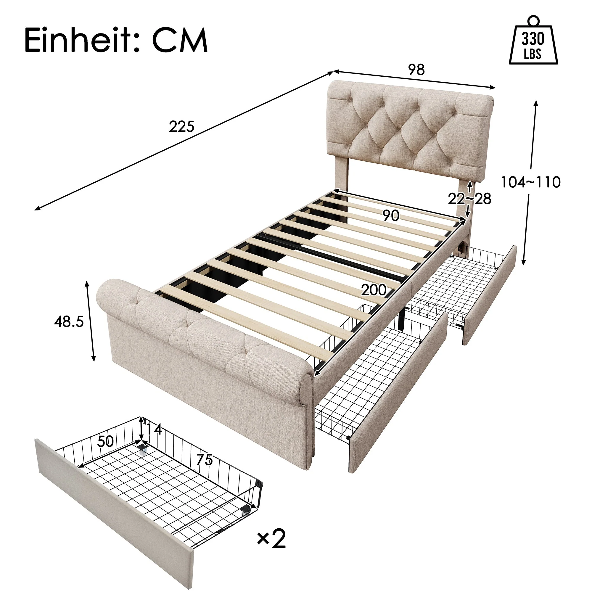 Single Upholstered Bed, 90x200cm, 2 Drawers, Adjustable Headboard, Chesterfield, Natural - Image 2
