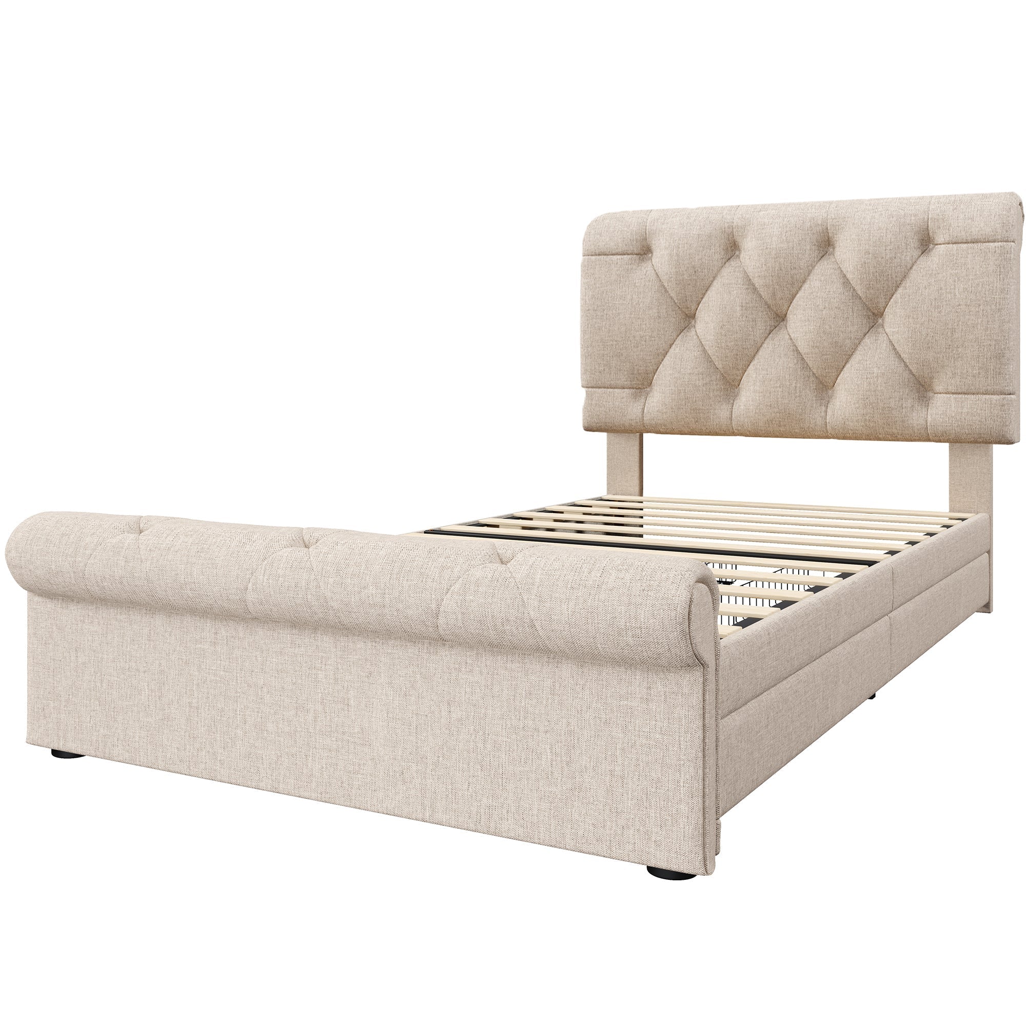 Single Upholstered Bed, 90x200cm with 2 Drawers, Adjustable Headboard, Natural - Image 7