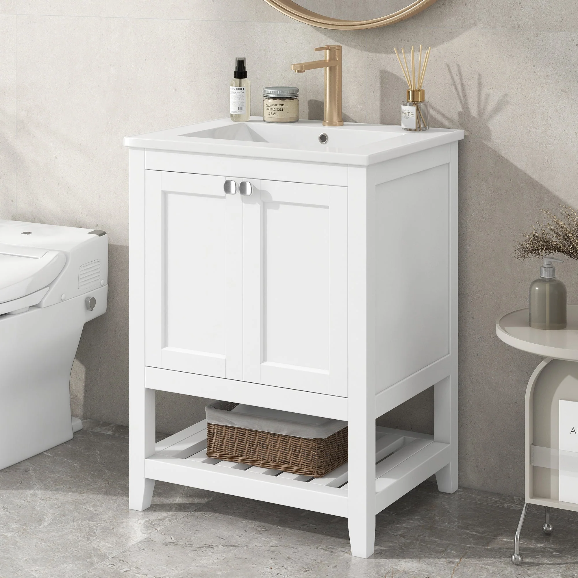 Single Vanity Unit 60cm Base Cabinet with Ceramic Washbasin White - Image 2