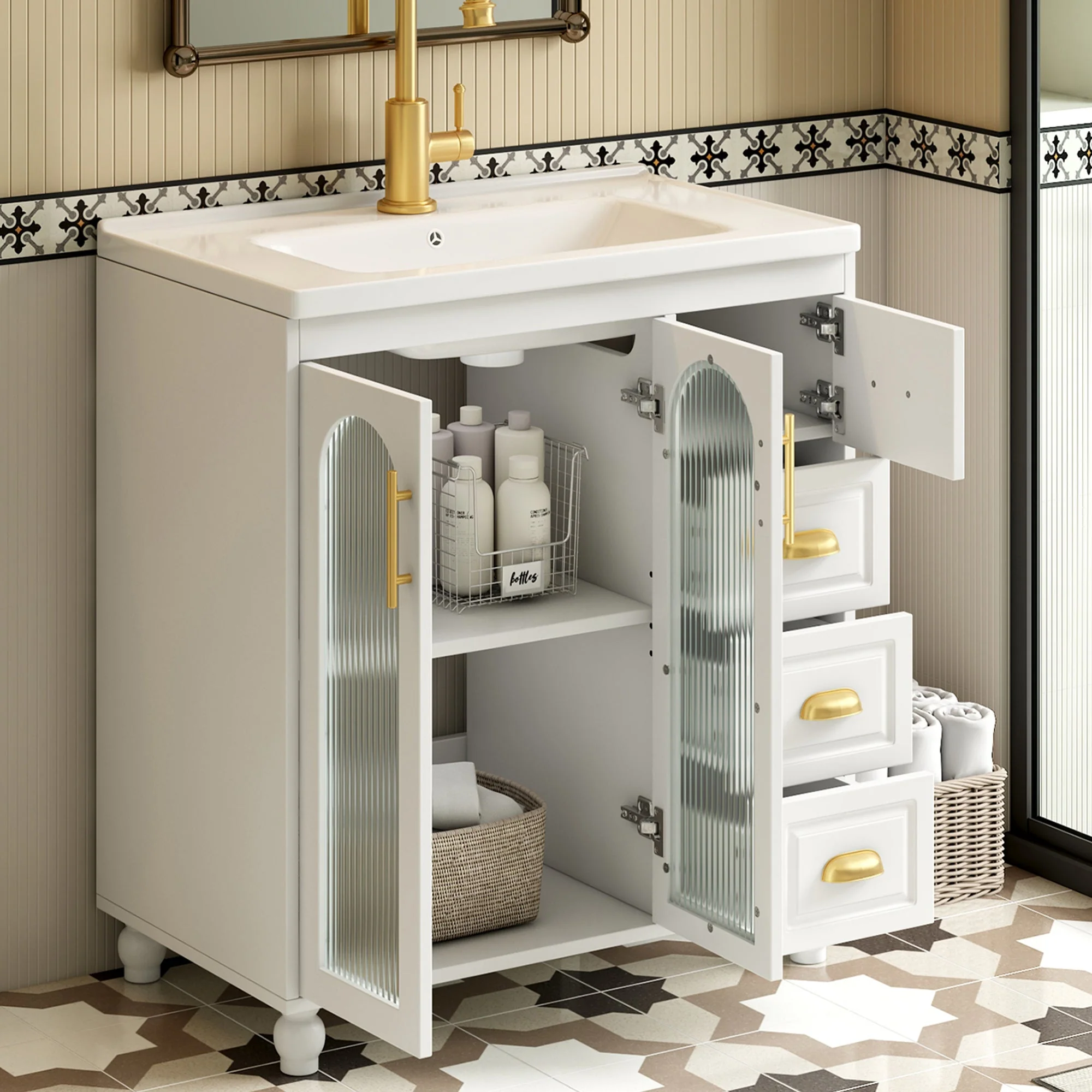 Single Vanity Unit 80cm Base Cabinet Ceramic Washbasin White - Image 4