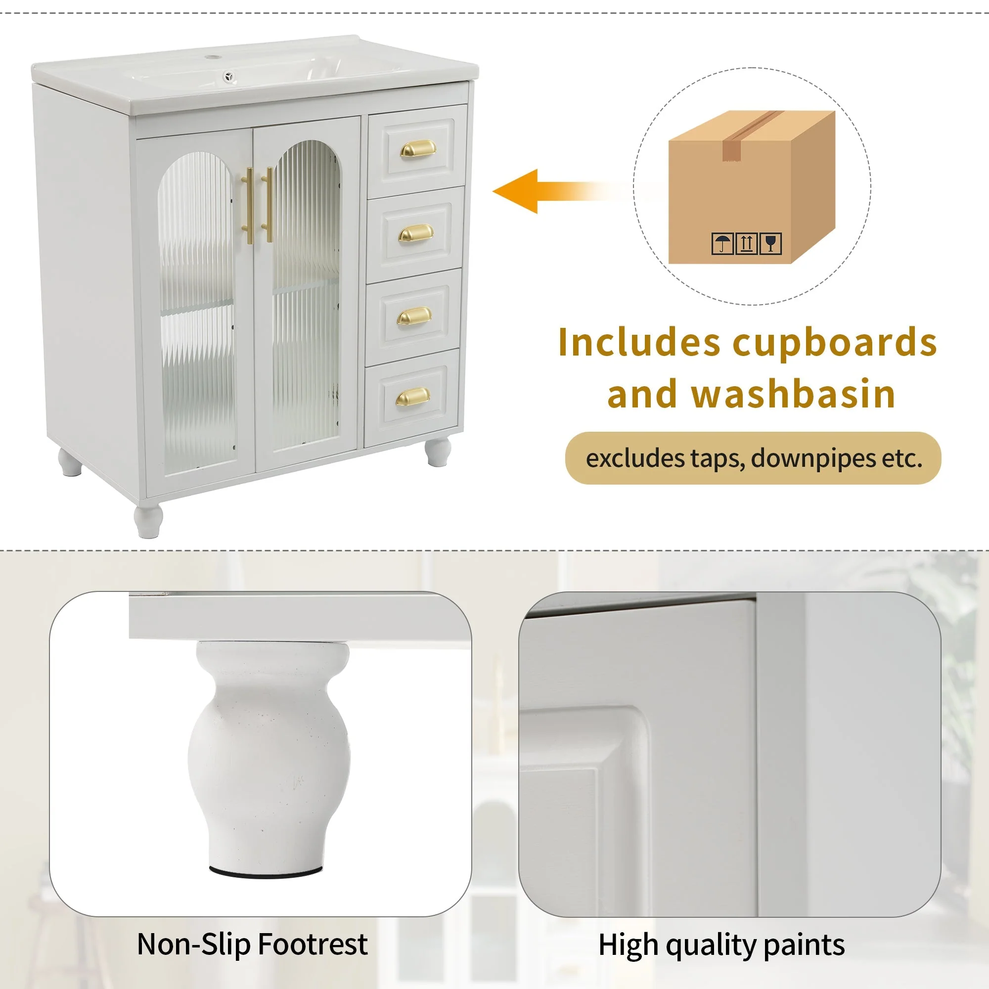 Single Vanity Unit 80cm Base Cabinet Ceramic Washbasin White - Image 6