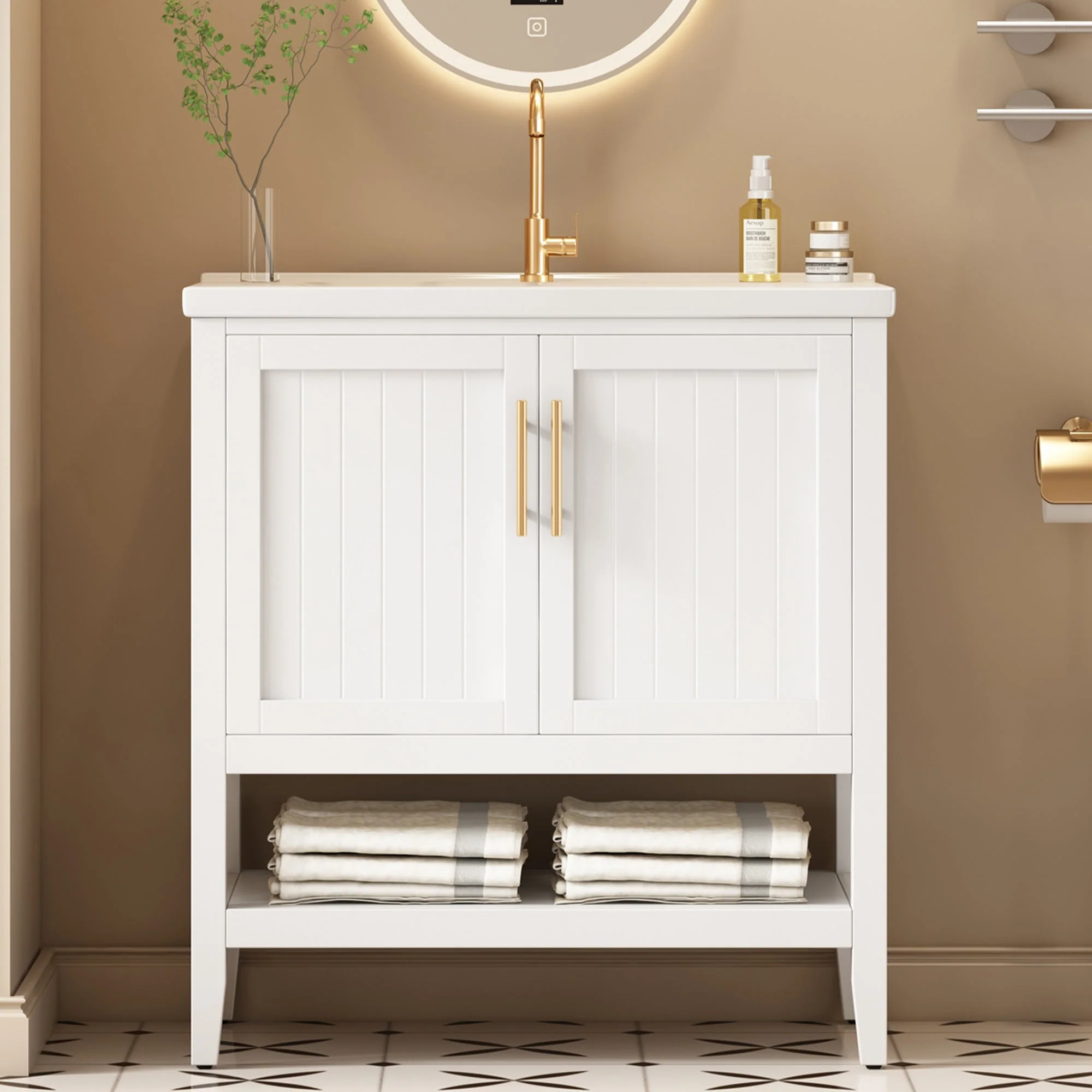 Single Vanity Unit 80cm Ceramic Washbasin - White - Image 3