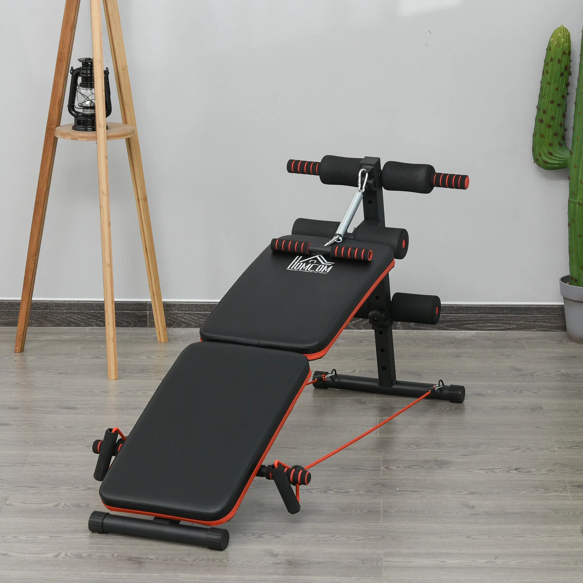 Sit-Up Bench, Adjustable & Foldable, Training Ropes, Steel Black Red